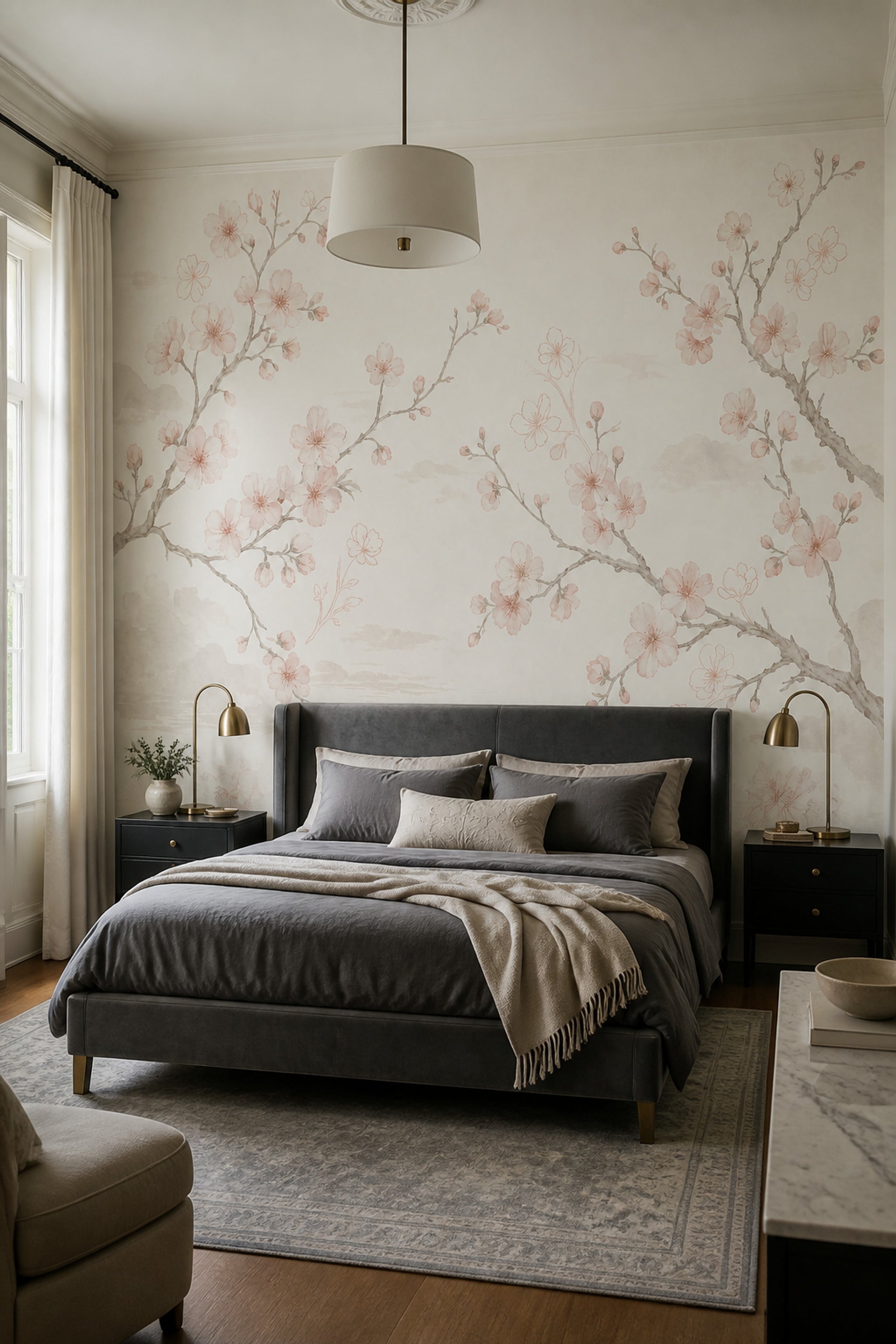 Cherry Blossom Wallpaper Floral Ivory Background Removable Wall Decor