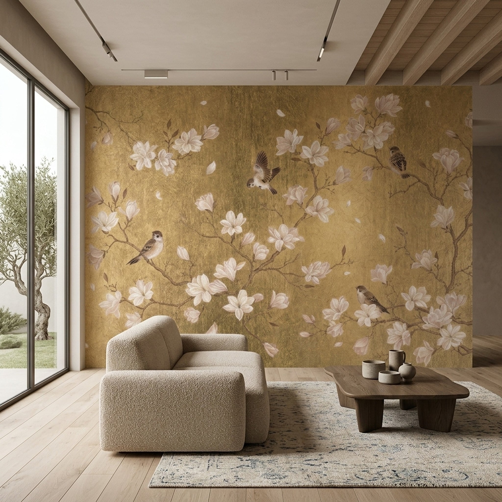 Gold Floral Wallpaper Chinoiserie Removable Magnolia Flowers Wall Decor