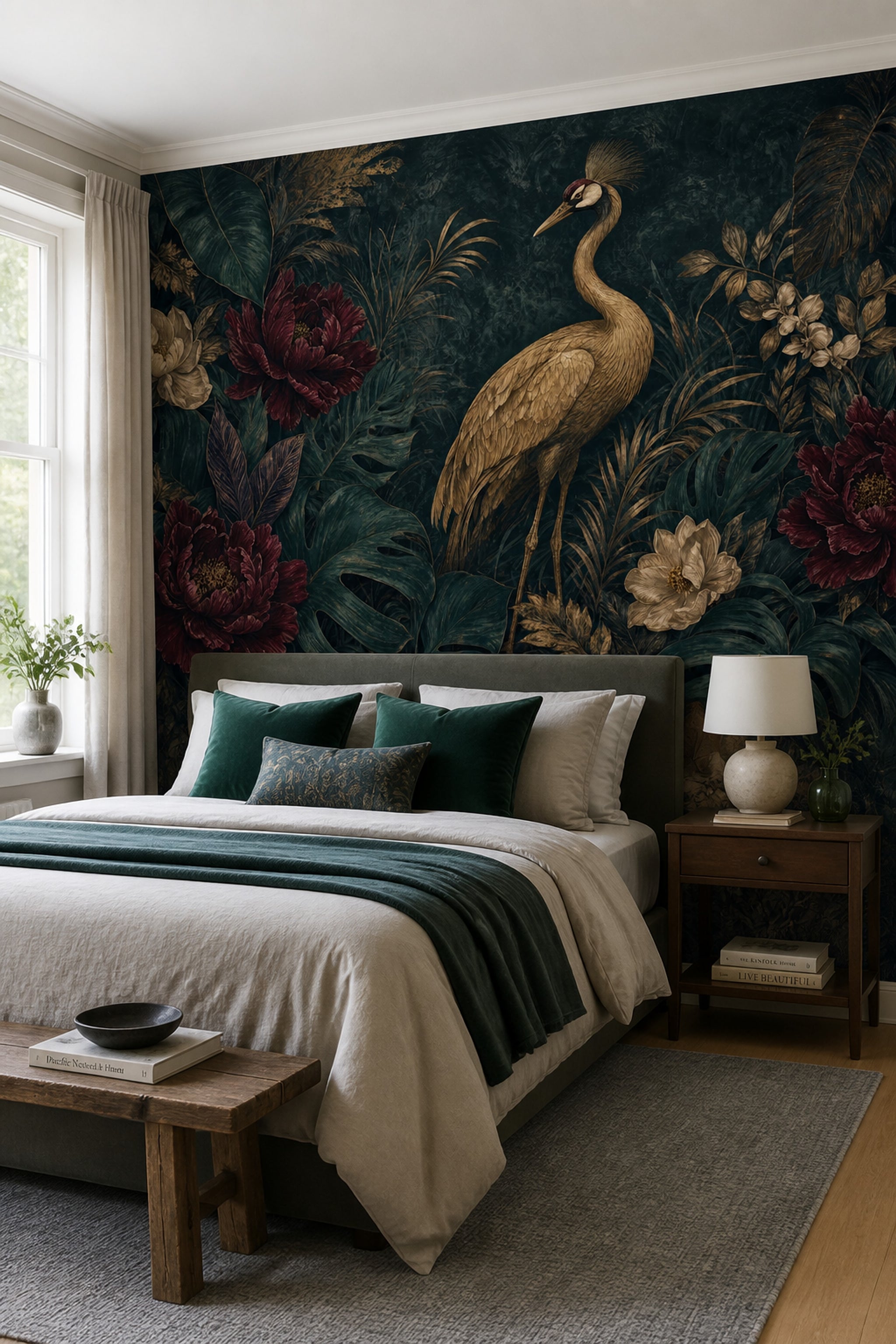 Dark Tropical Wallpaper Crane Removable Botanical Wall Decor