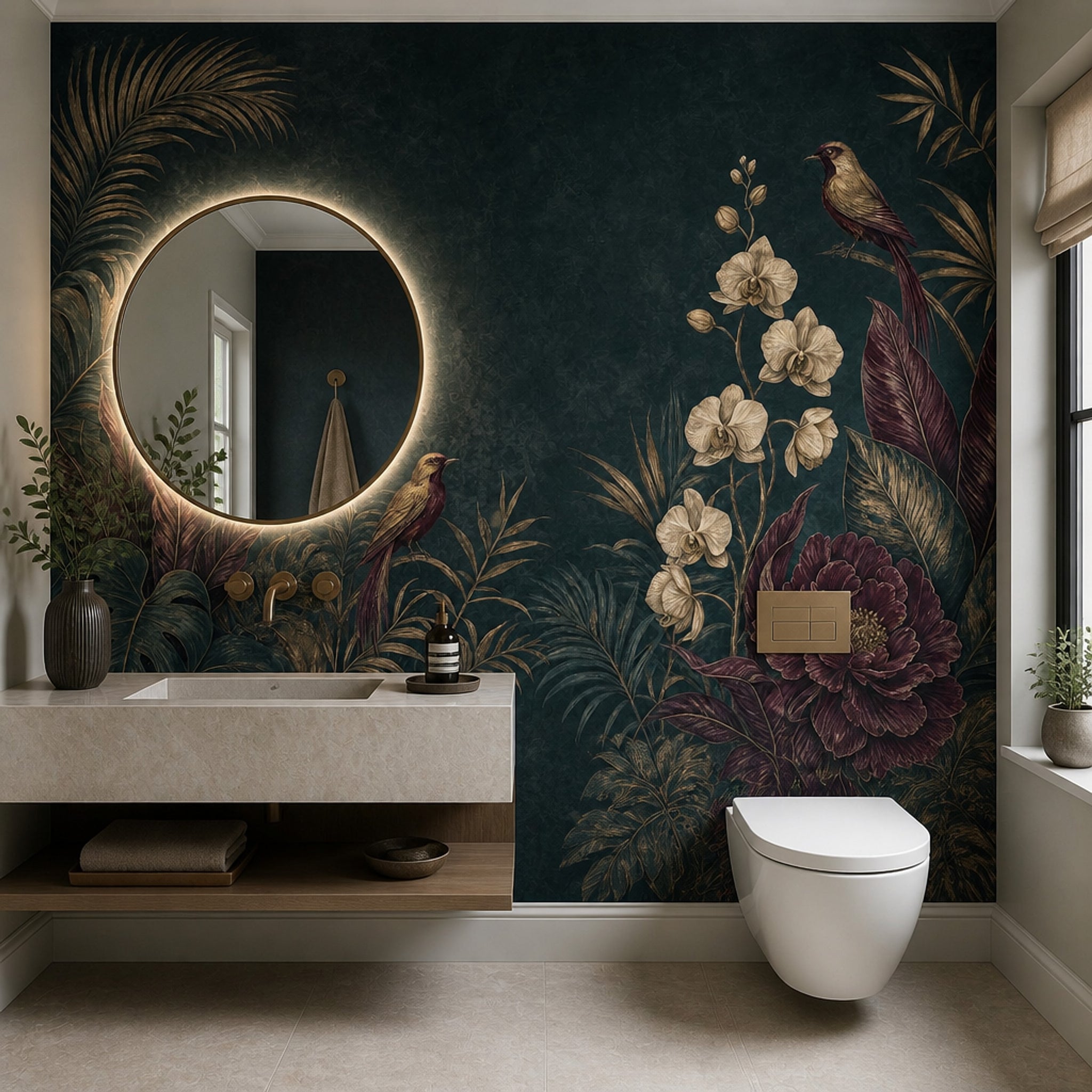 Dark Botanical Wallpaper Tropical Foliage Orchids Removable Wall Decor