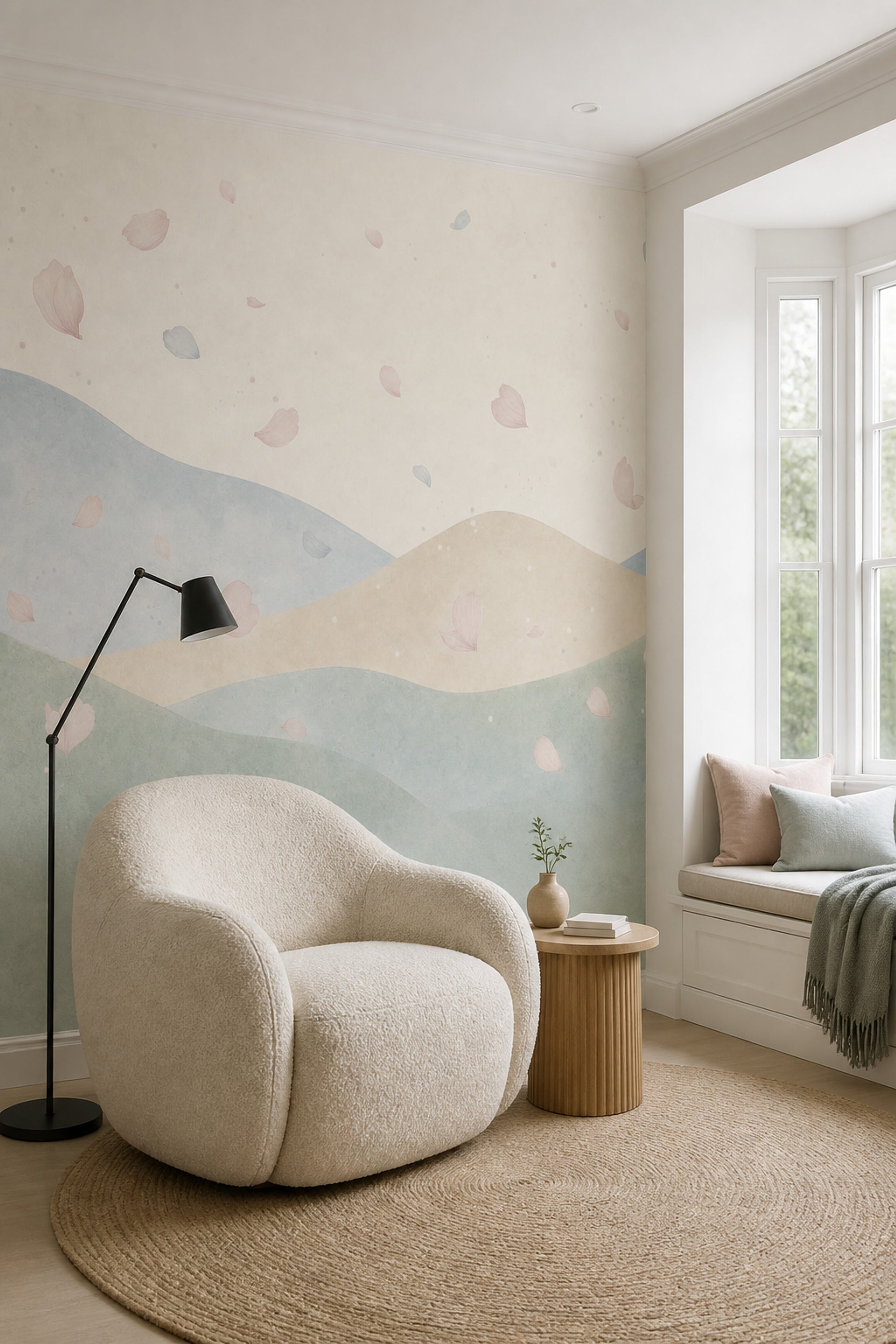 Pastel Landscape Wallpaper Watercolor Hills Flower Petals Wall Mural