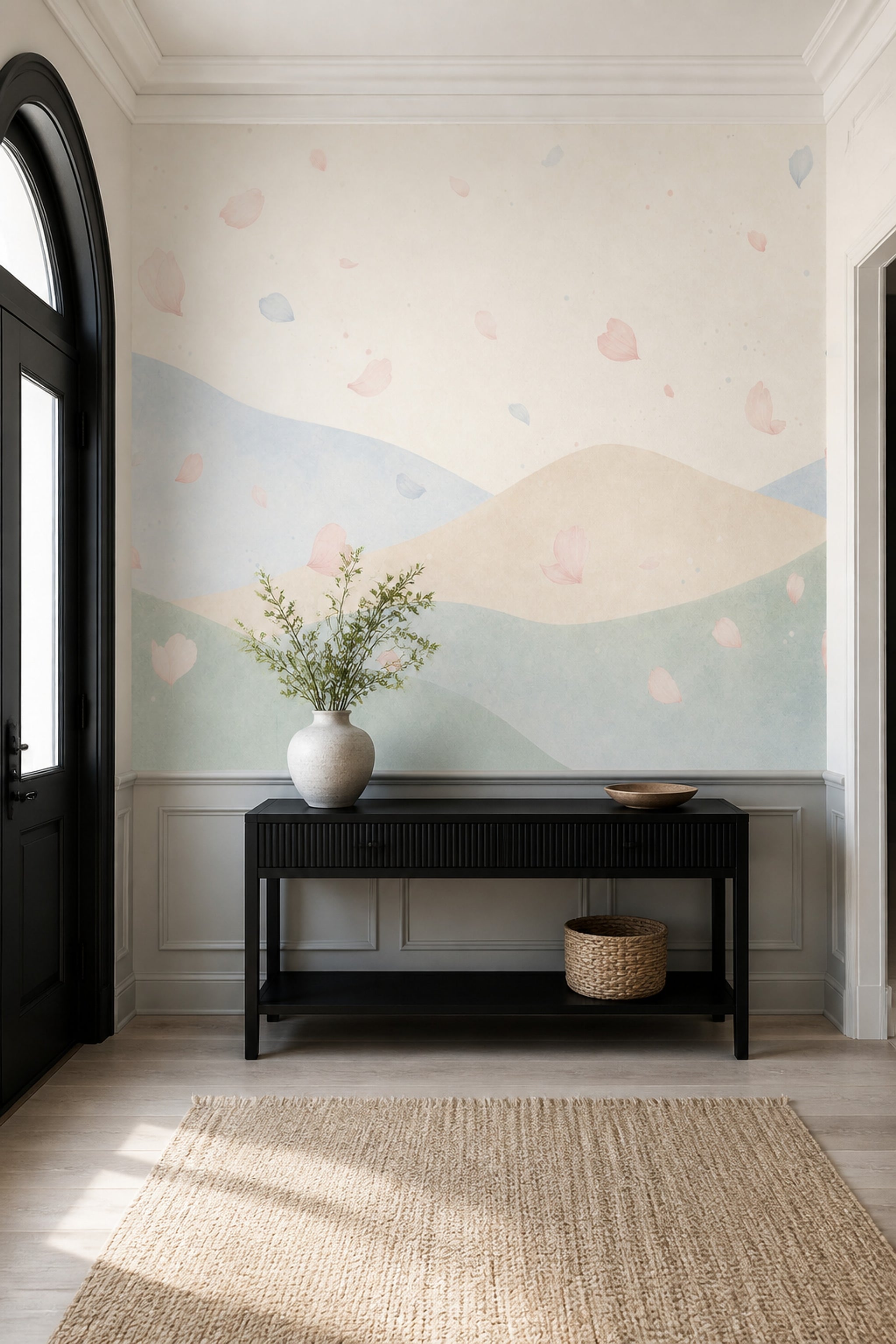 Pastel Landscape Wallpaper Watercolor Hills Flower Petals Wall Mural