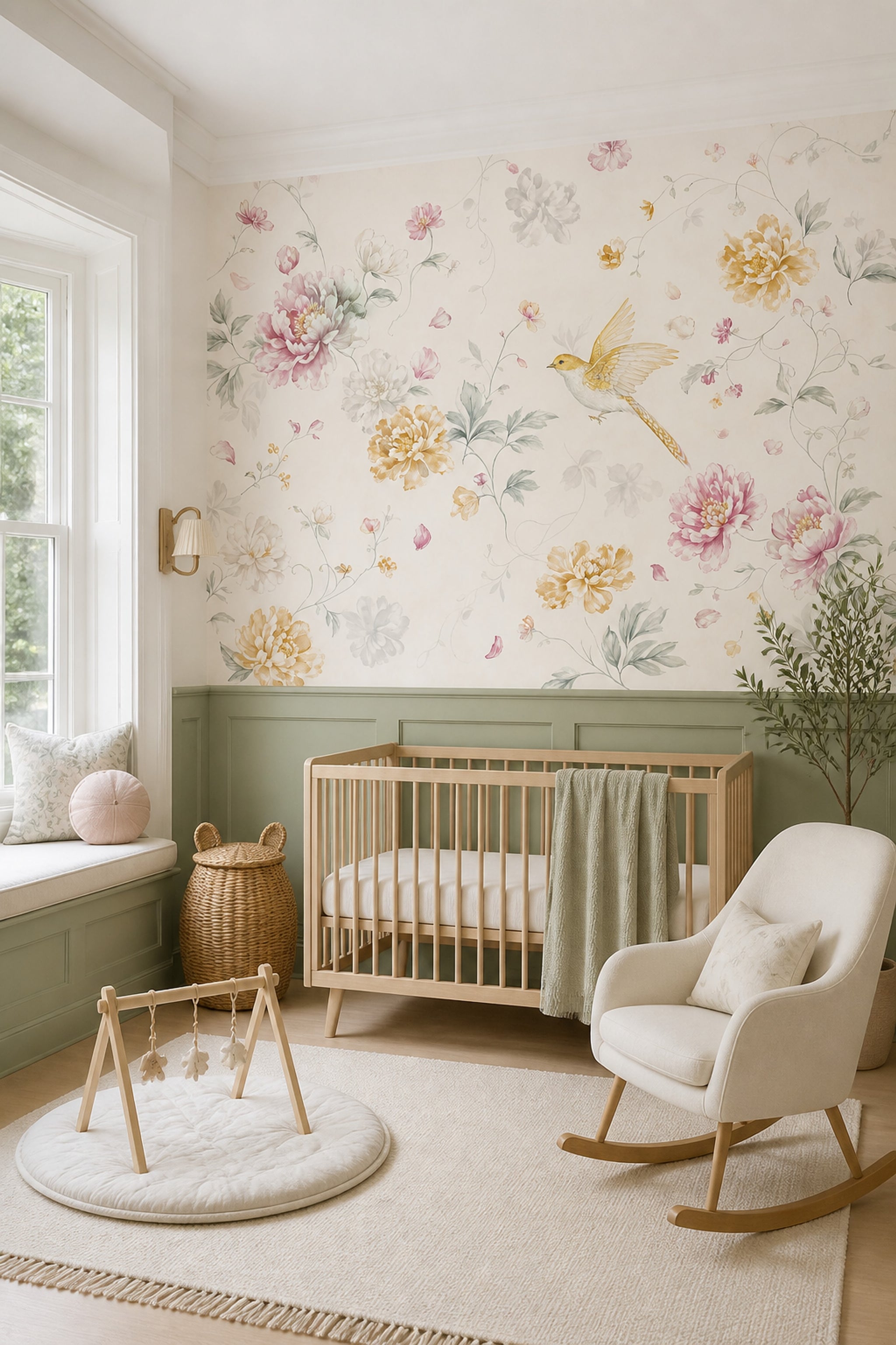 Peony Wallpaper Watercolor Removable Bird Wall Decor