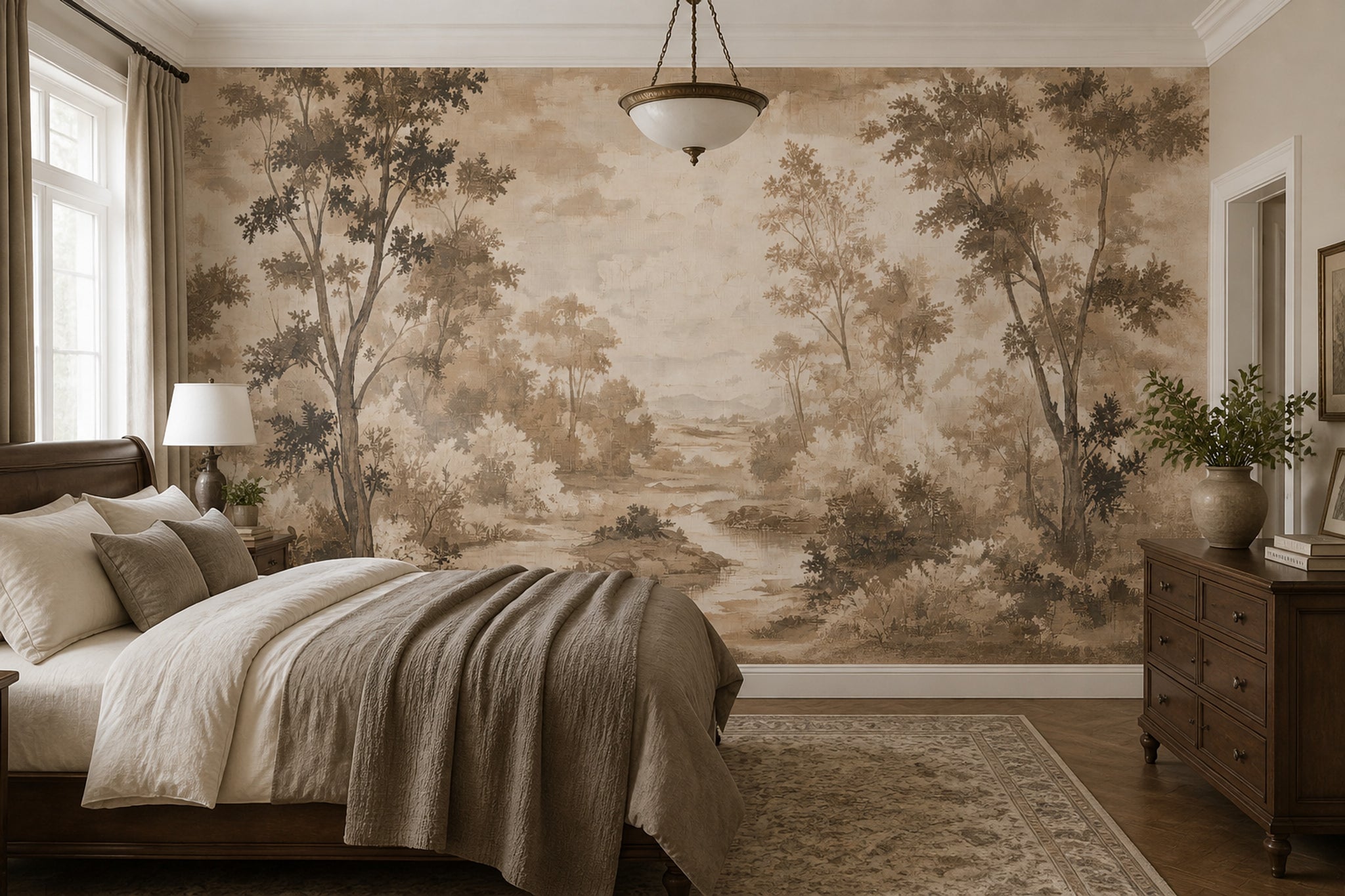 Sepia Landscape Wallpaper Woodland Removable Toile Wall Decor