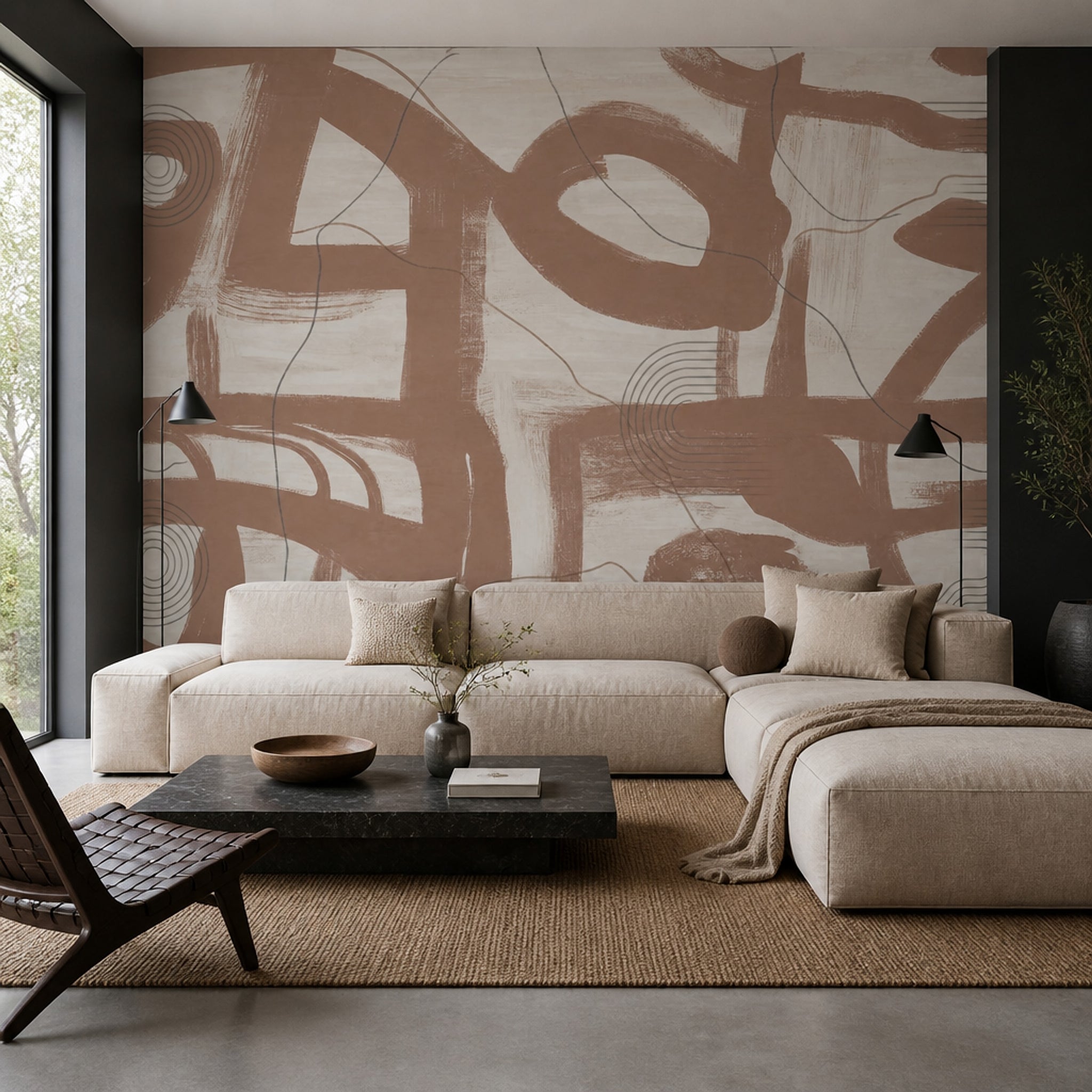 Brown Brushstrokes Wallpaper Cream Background Linework Wall Mural
