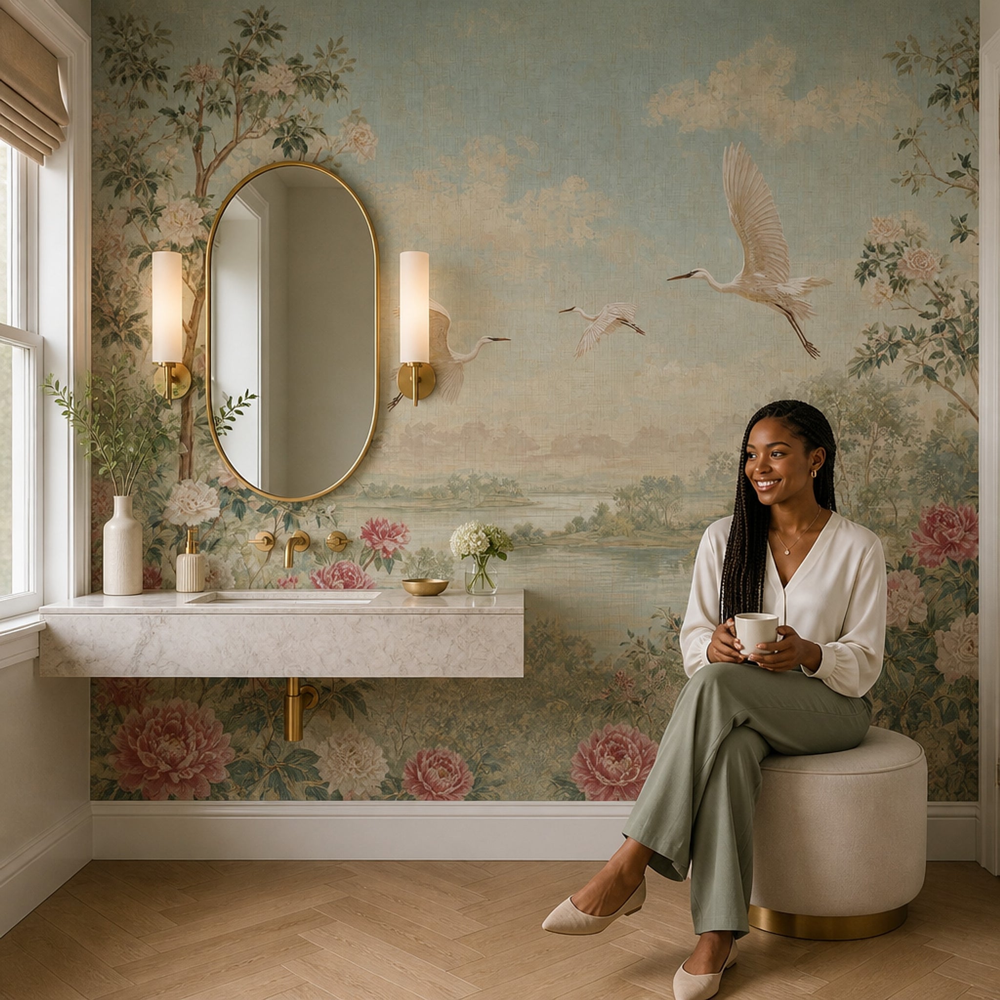 Chinoiserie Wallpaper Cranes Removable Peonies Wall Decor