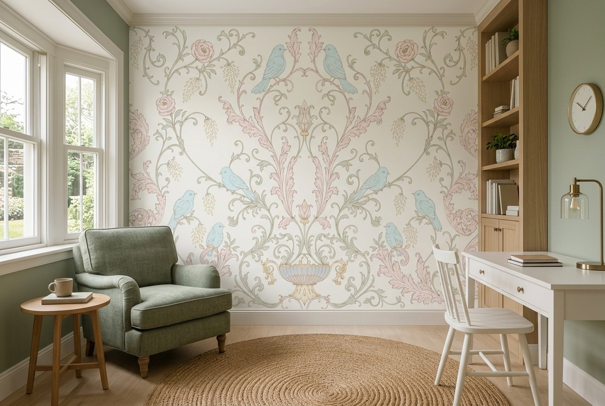 Floral Damask Wallpaper Birds Removable Pastel Wall Decor