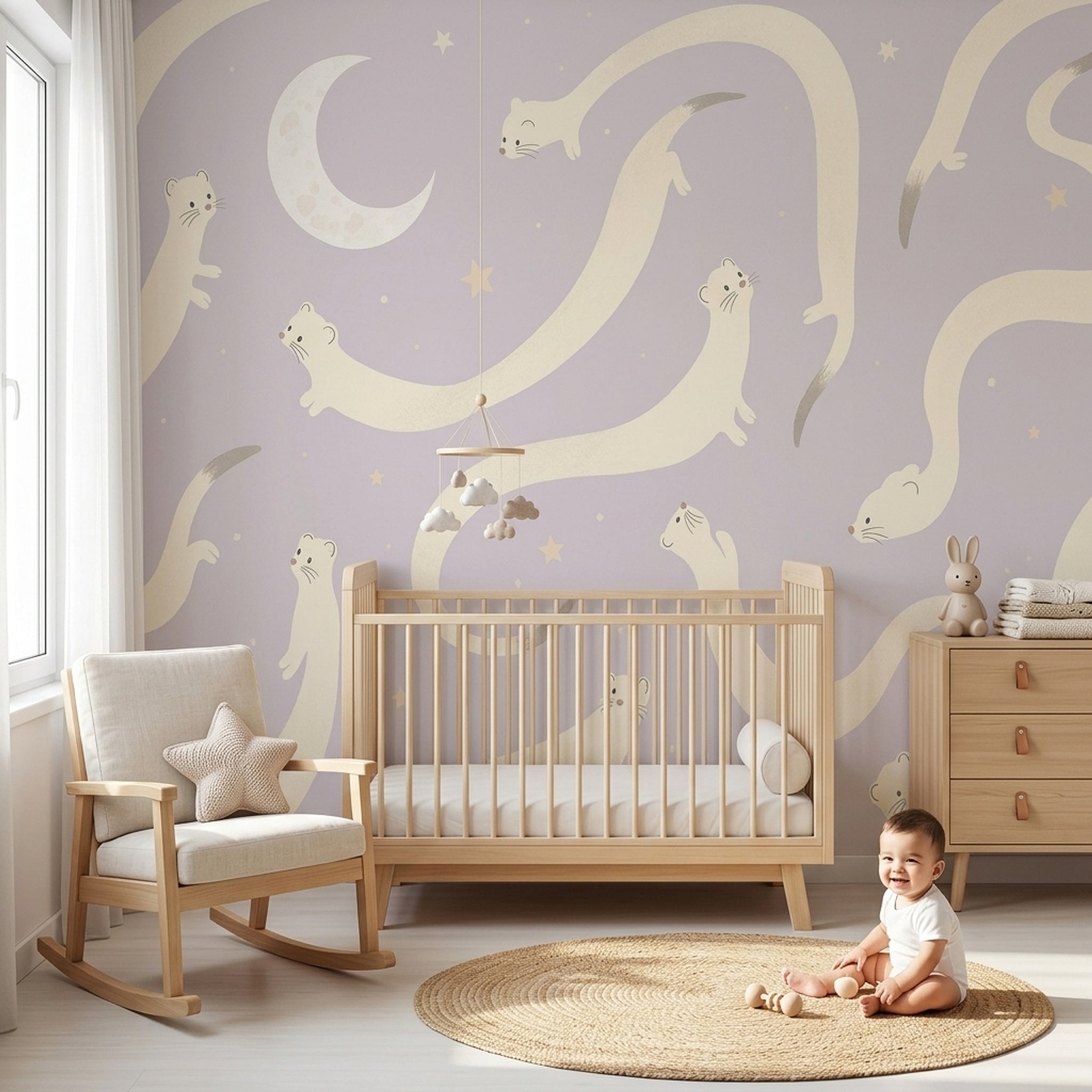 Nursery Wallpaper Whimsical Animals Removable Crescent Moon Wall Decor