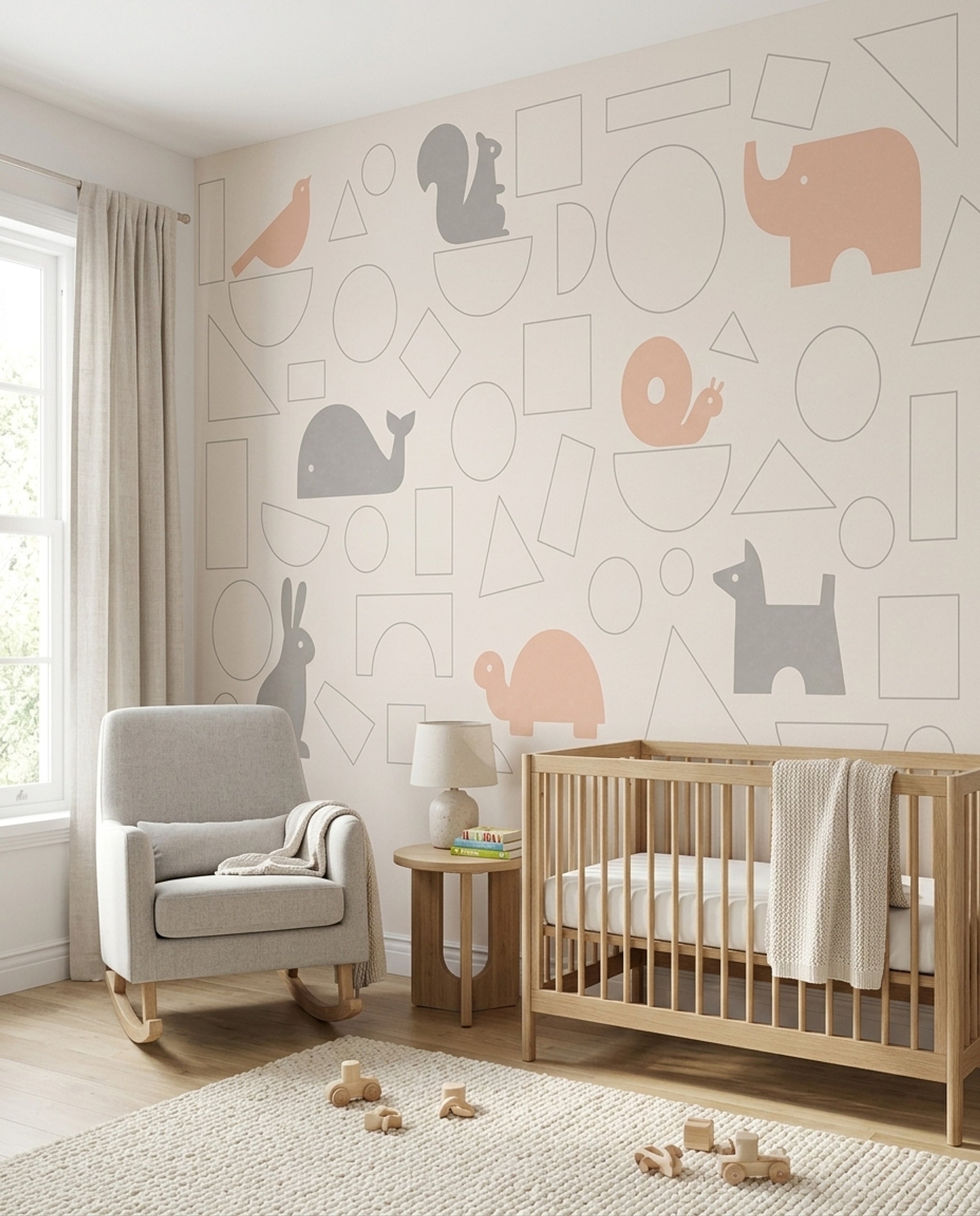 Nursery Animals Wallpaper Geometric Shapes Pastel Removable Wall Decor