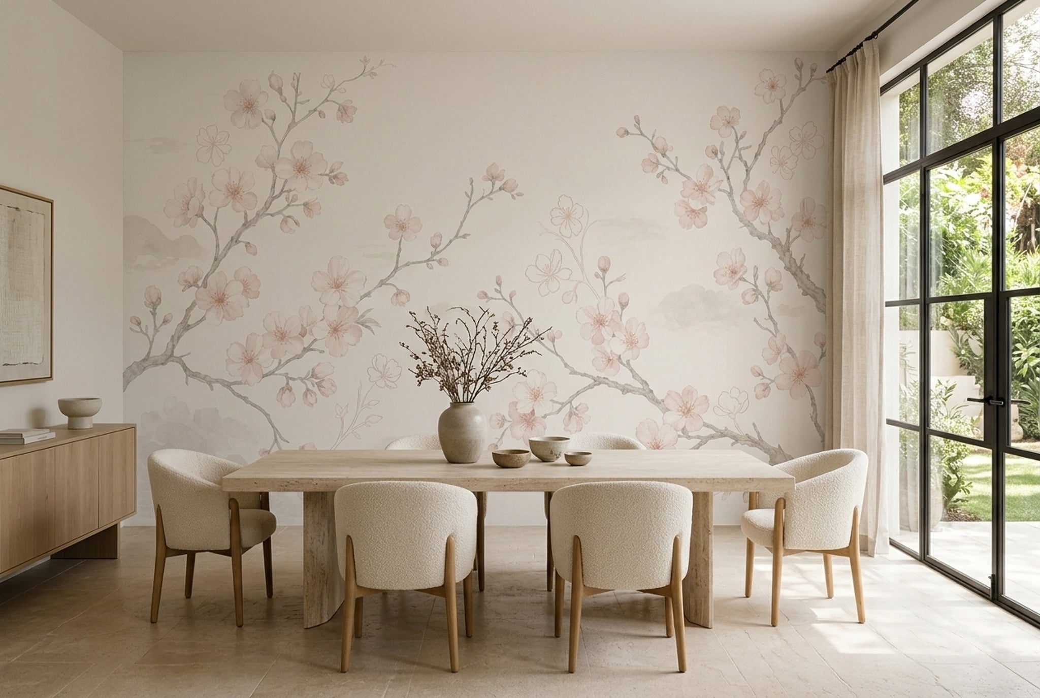 Cherry Blossom Wallpaper Floral Ivory Background Removable Wall Decor