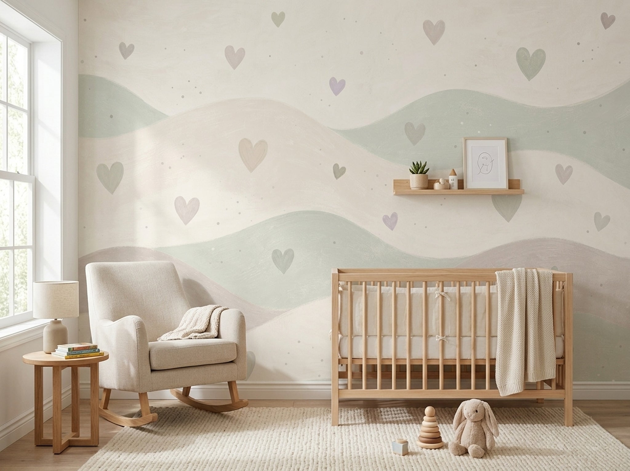 Nursery Wallpaper Hearts Removable Wavy Bands Wall Decor