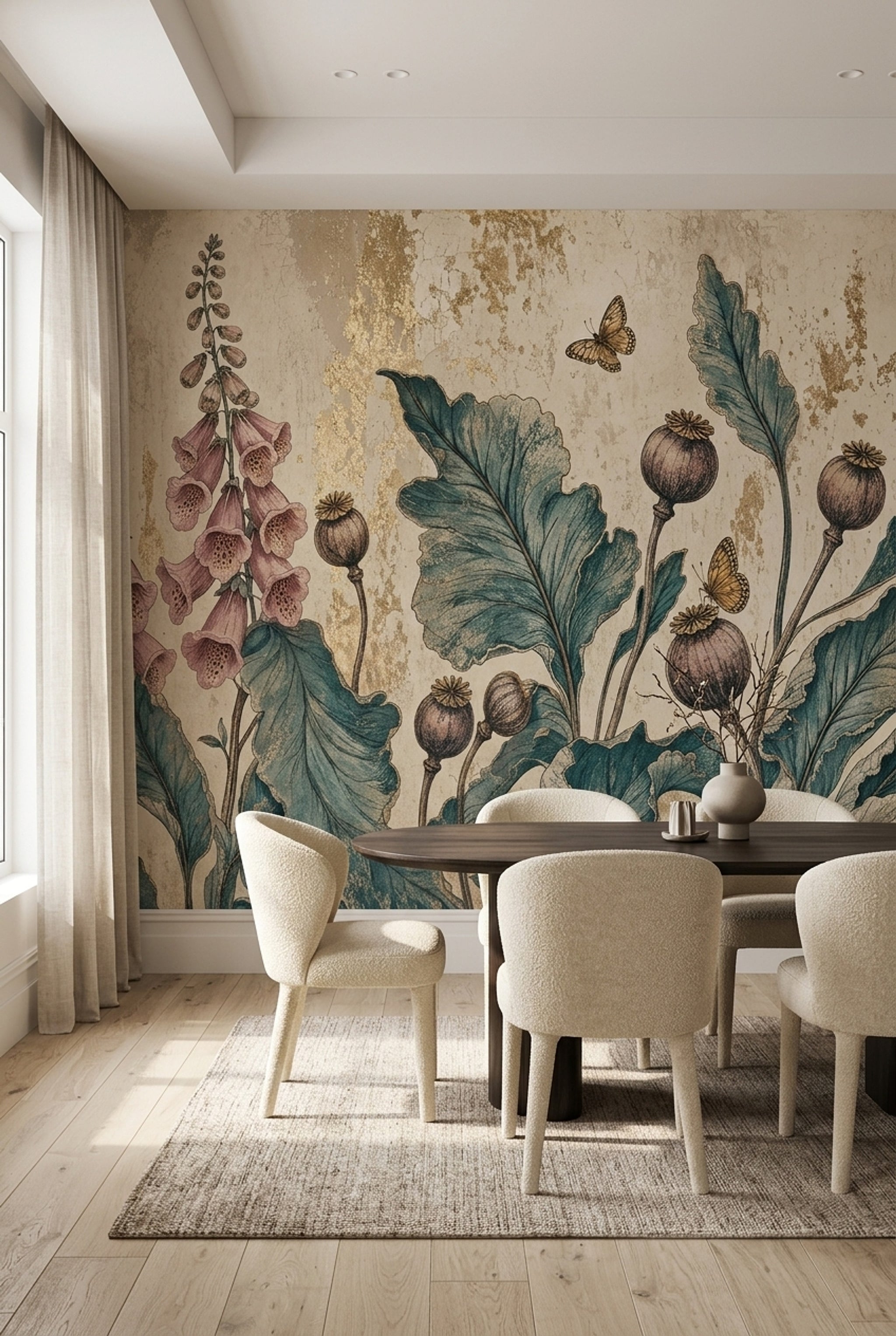 Vintage Botanical Wallpaper Floral Wallpaper Distressed Texture Wall Mural