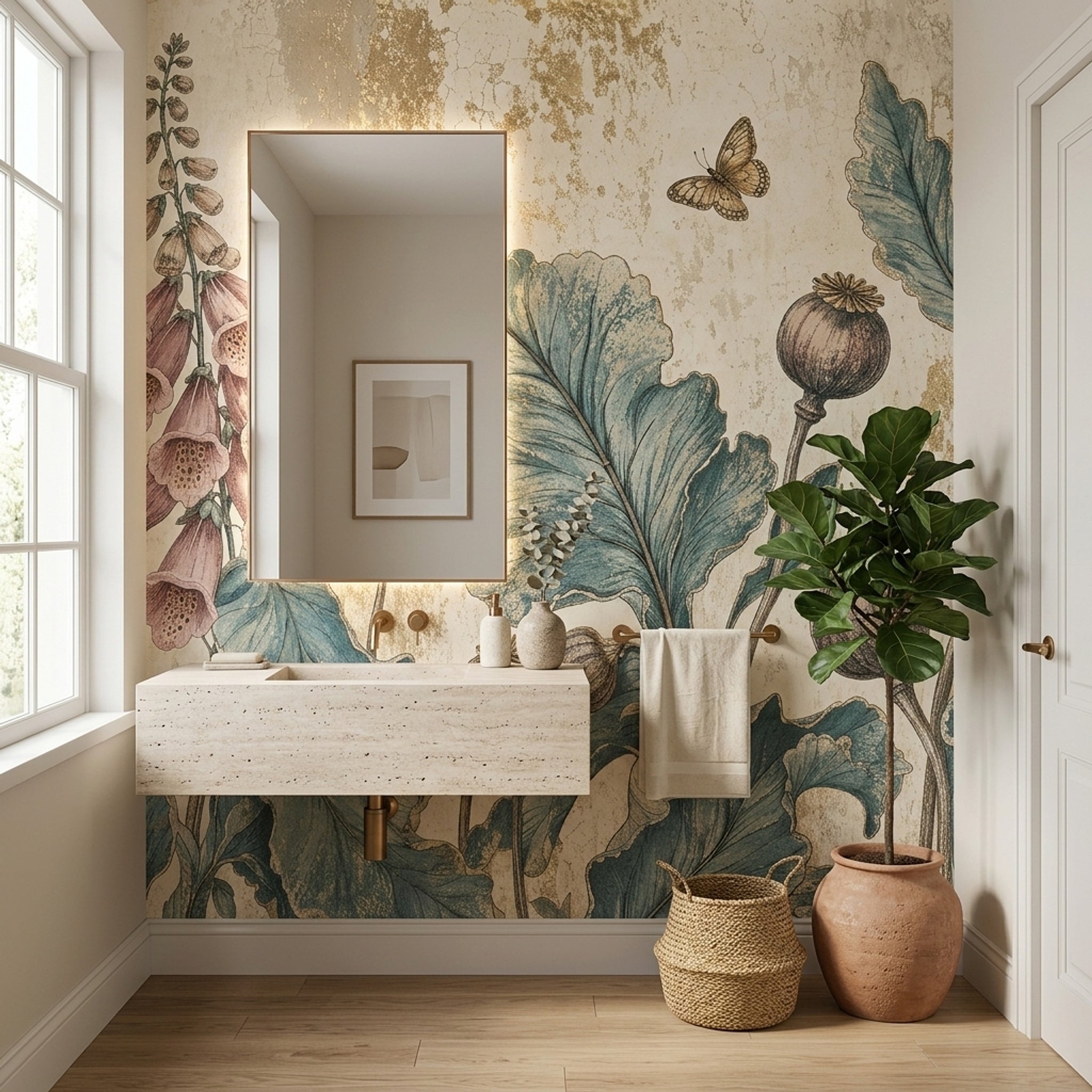 Vintage Botanical Wallpaper Floral Wallpaper Distressed Texture Wall Mural