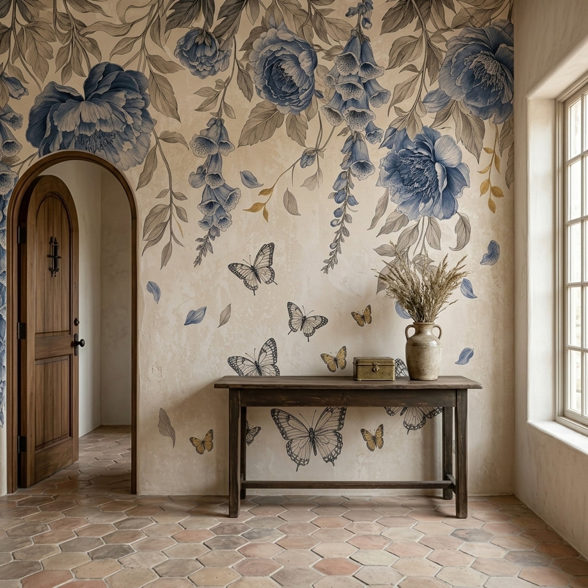 Blue Flowers Wallpaper Floral Botanical Removable Wall Decor