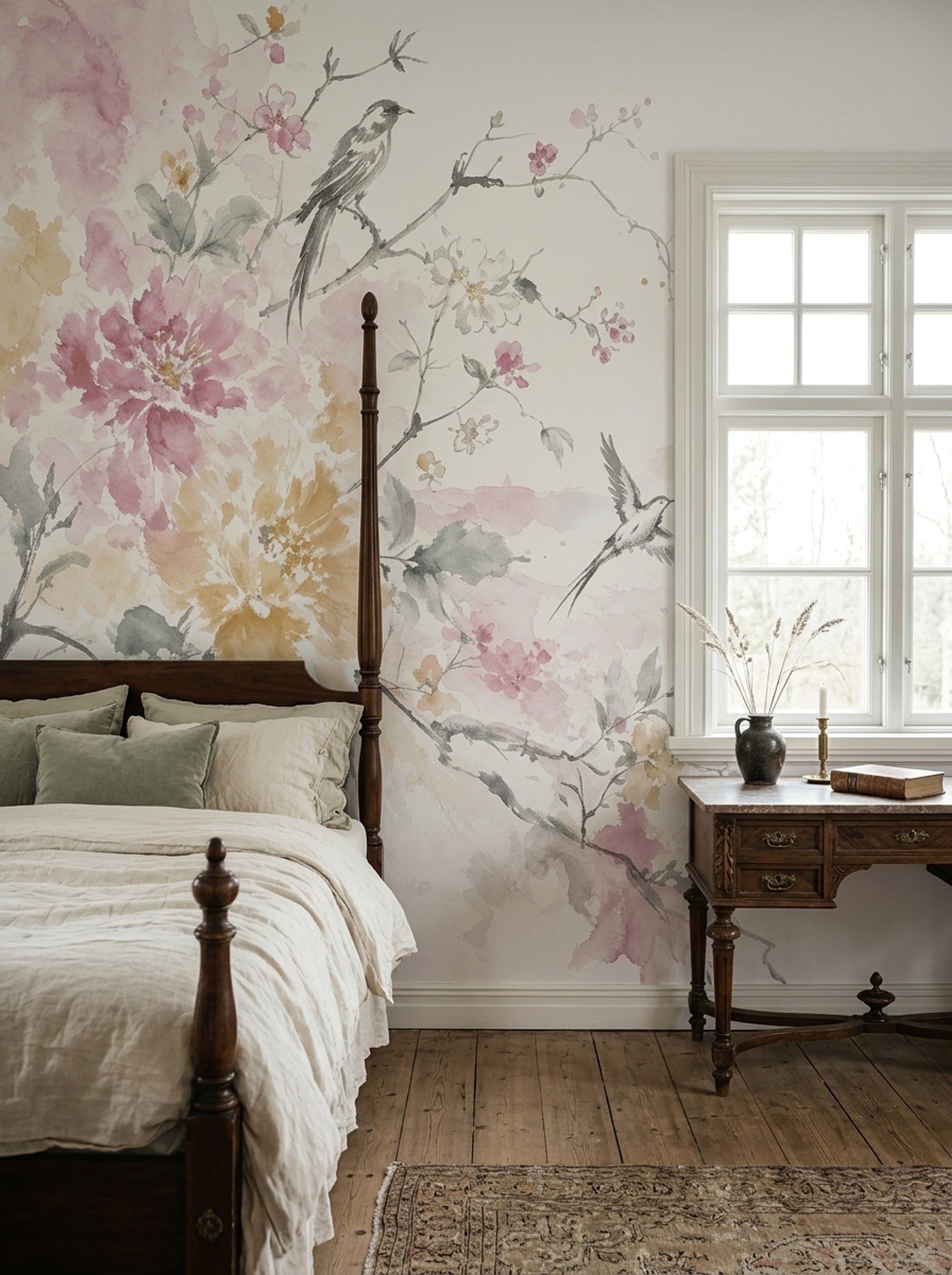 White Background Wallpaper Floral Botanical Removable Wall Decor