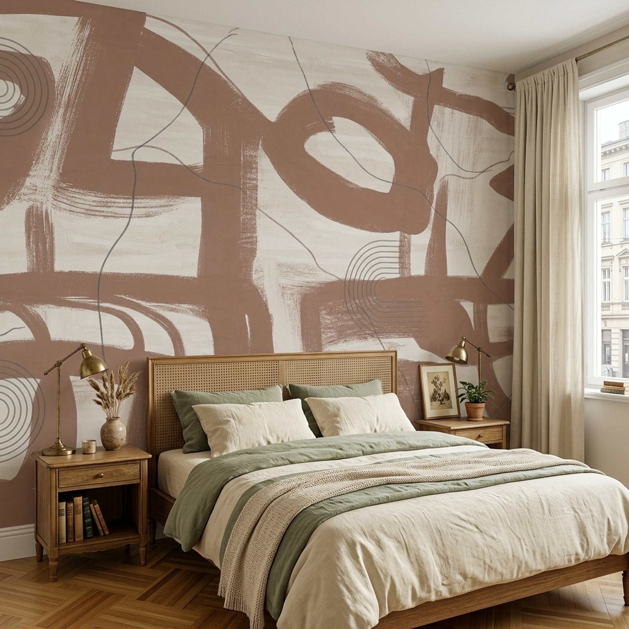 Brown Brushstrokes Wallpaper Cream Background Linework Wall Mural