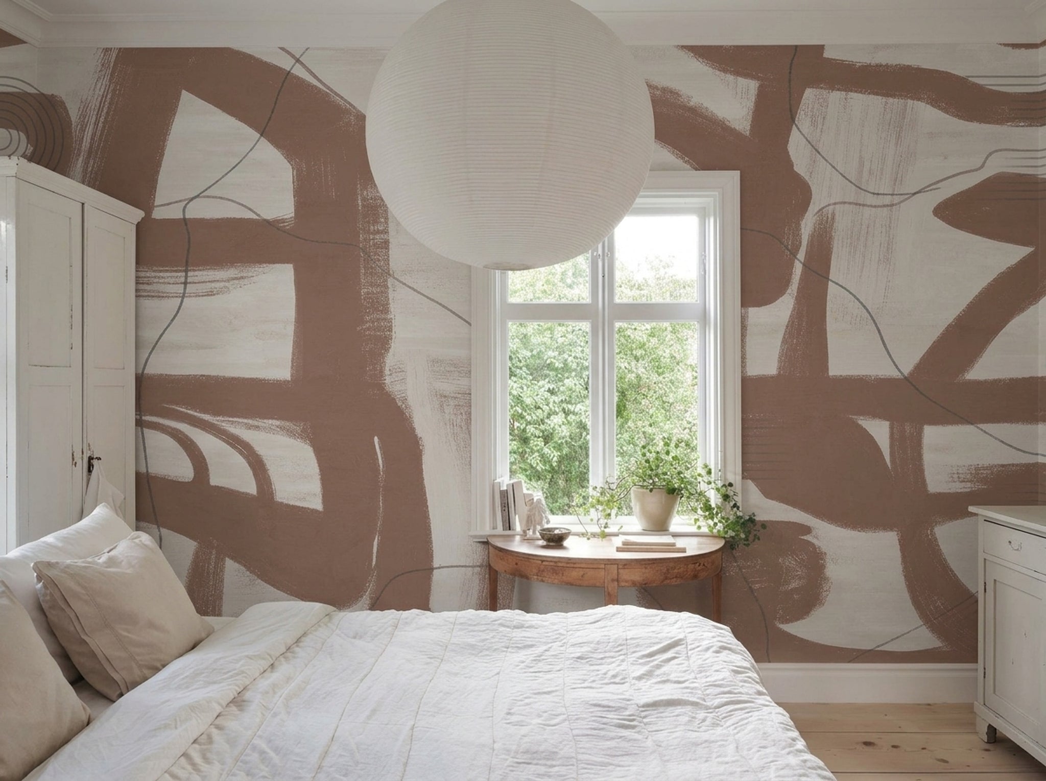 Brown Brushstrokes Wallpaper Cream Background Linework Wall Mural
