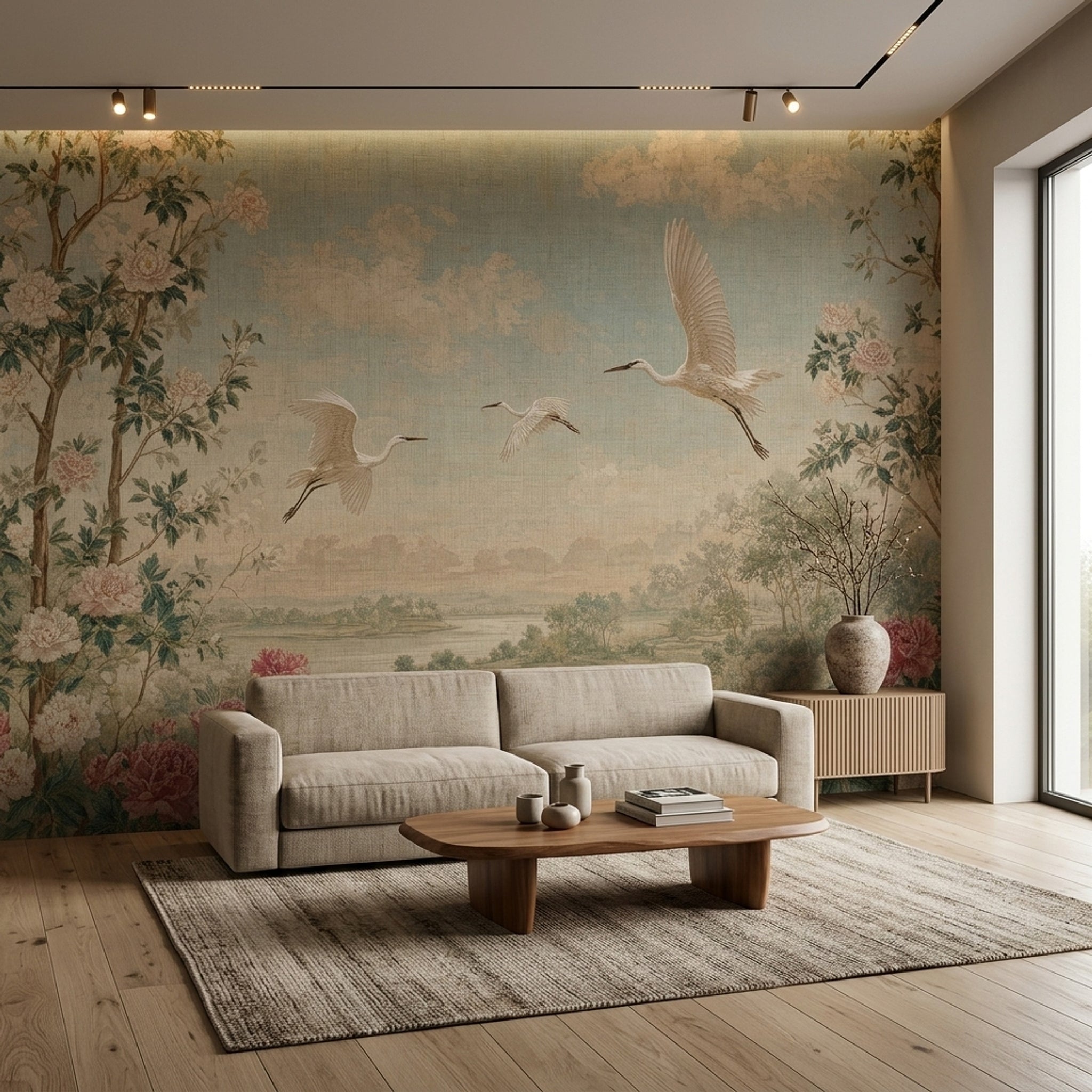 Chinoiserie Wallpaper Cranes Removable Peonies Wall Decor