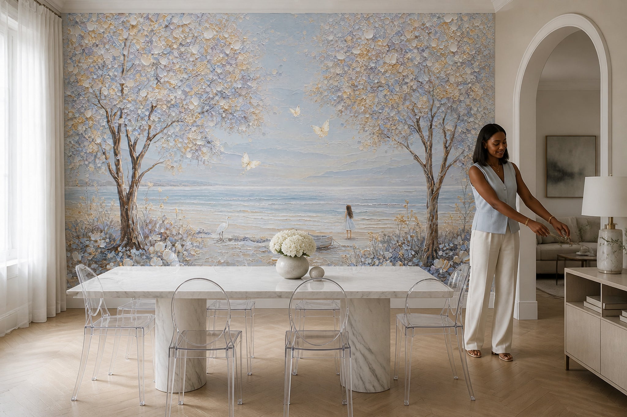Coastal Landscape Wallpaper Flowering Trees Ocean View Wall Mural