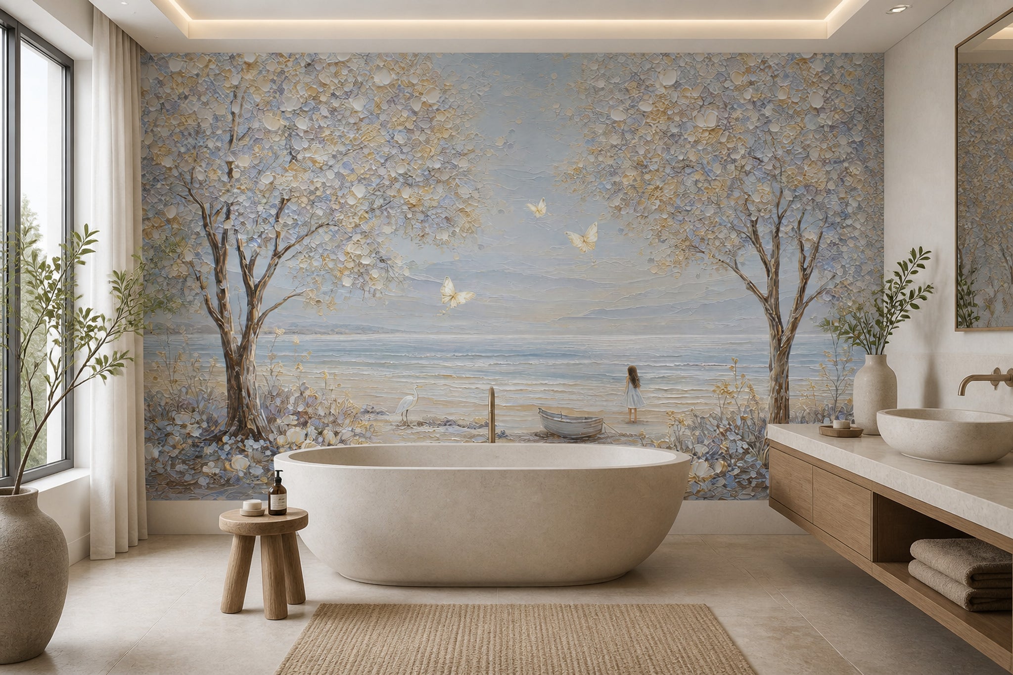 Coastal Landscape Wallpaper Flowering Trees Ocean View Wall Mural
