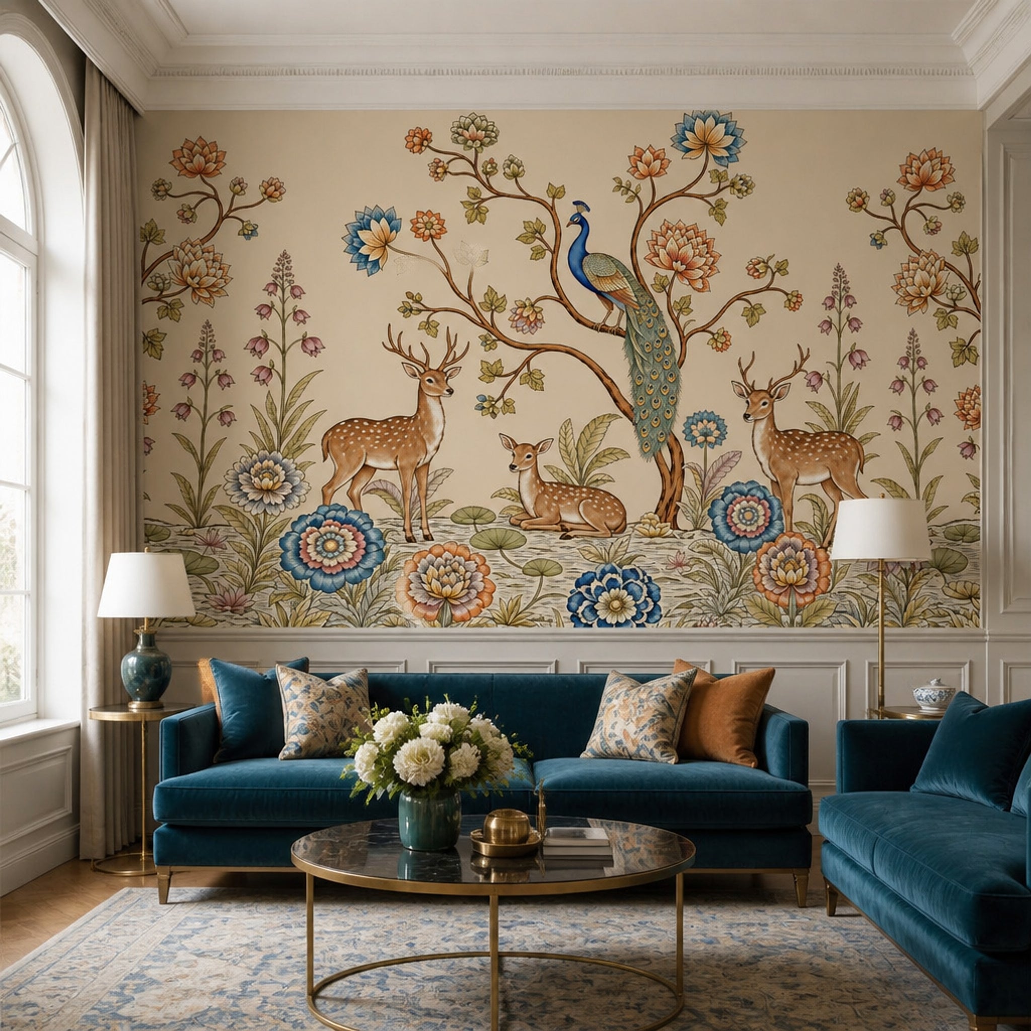 Peacock Wallpaper Deer Removable Chinoiserie Wall Decor