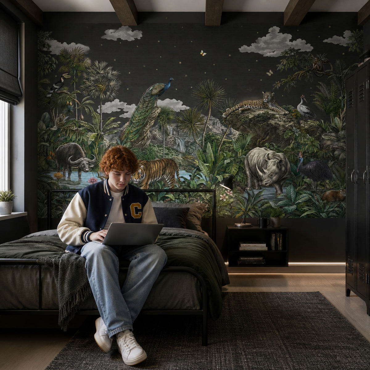 Dark Tropical Jungle Wallpaper Wild Animals Botanical Landscape Removable Wall Decor