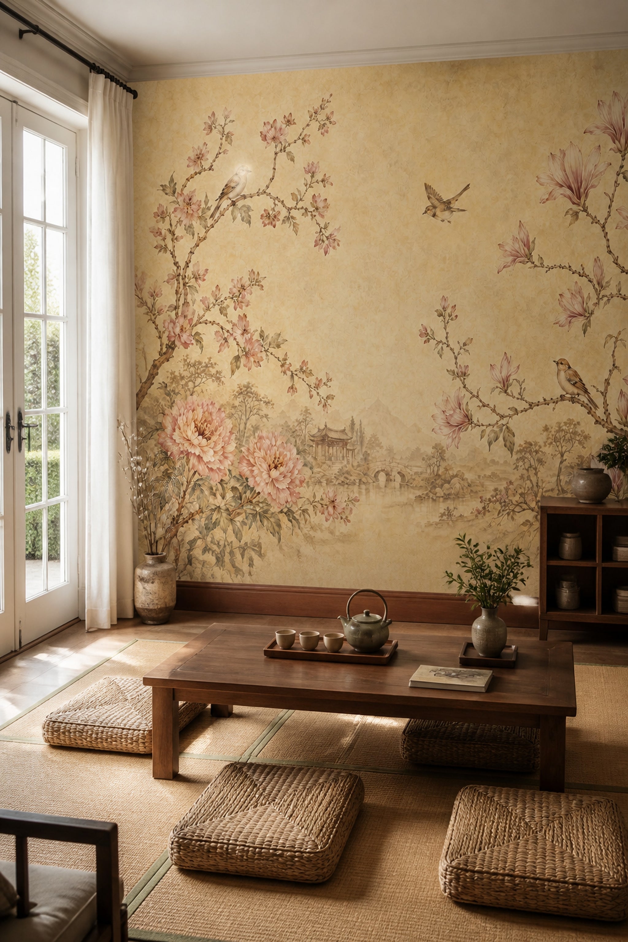 Muted Green Wallpaper Scenic Landscape Chinoiserie Wall Mural