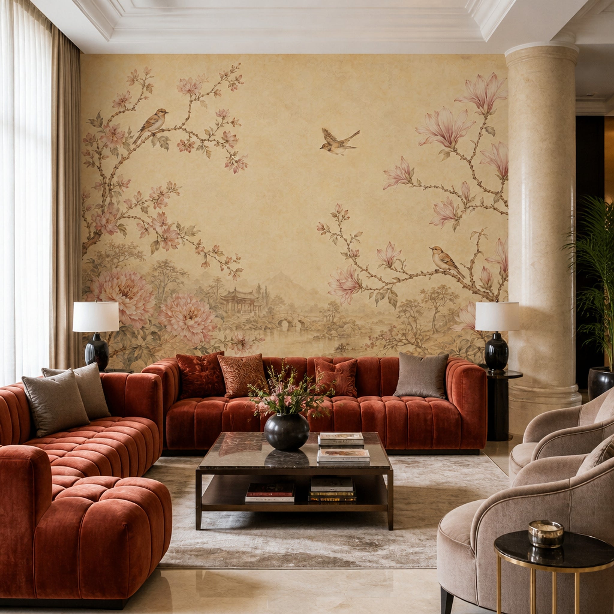 Muted Green Wallpaper Scenic Landscape Chinoiserie Wall Mural