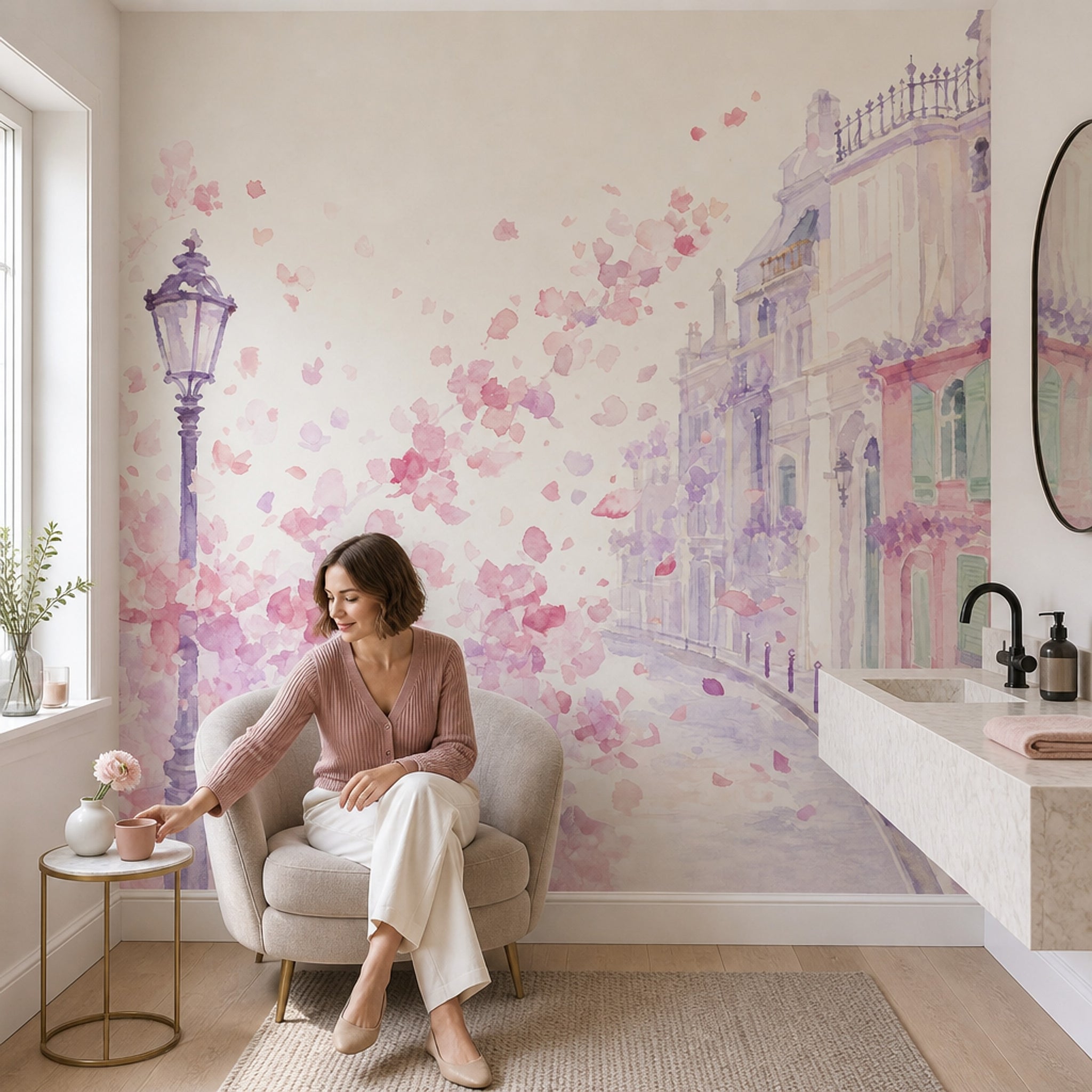 Paris Street Wallpaper Watercolor Pink Blossoms Wall Mural