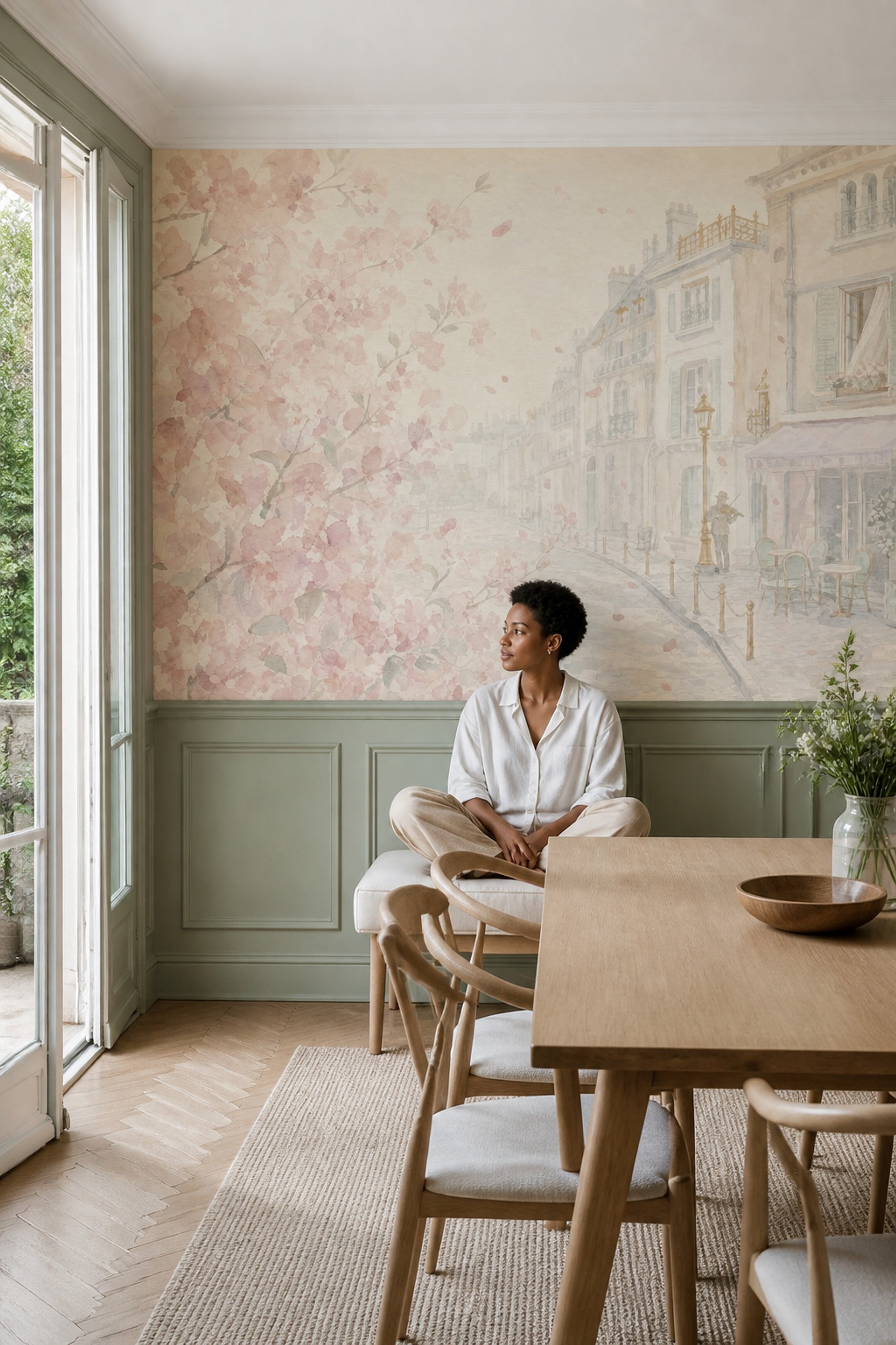 Pink Cherry Wallpaper Muted Green Paris Street Wall Mural