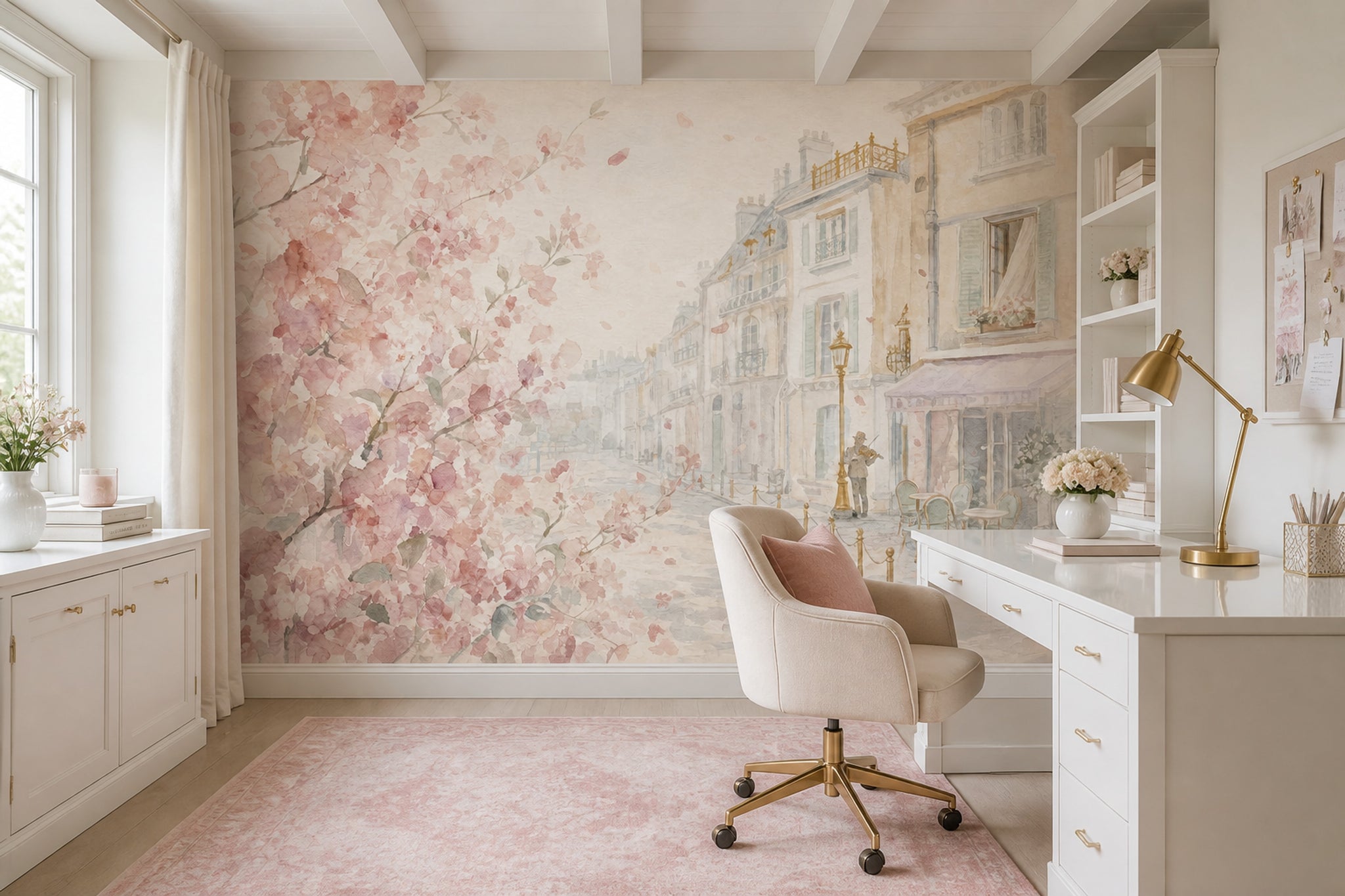 Pink Cherry Wallpaper Muted Green Paris Street Wall Mural