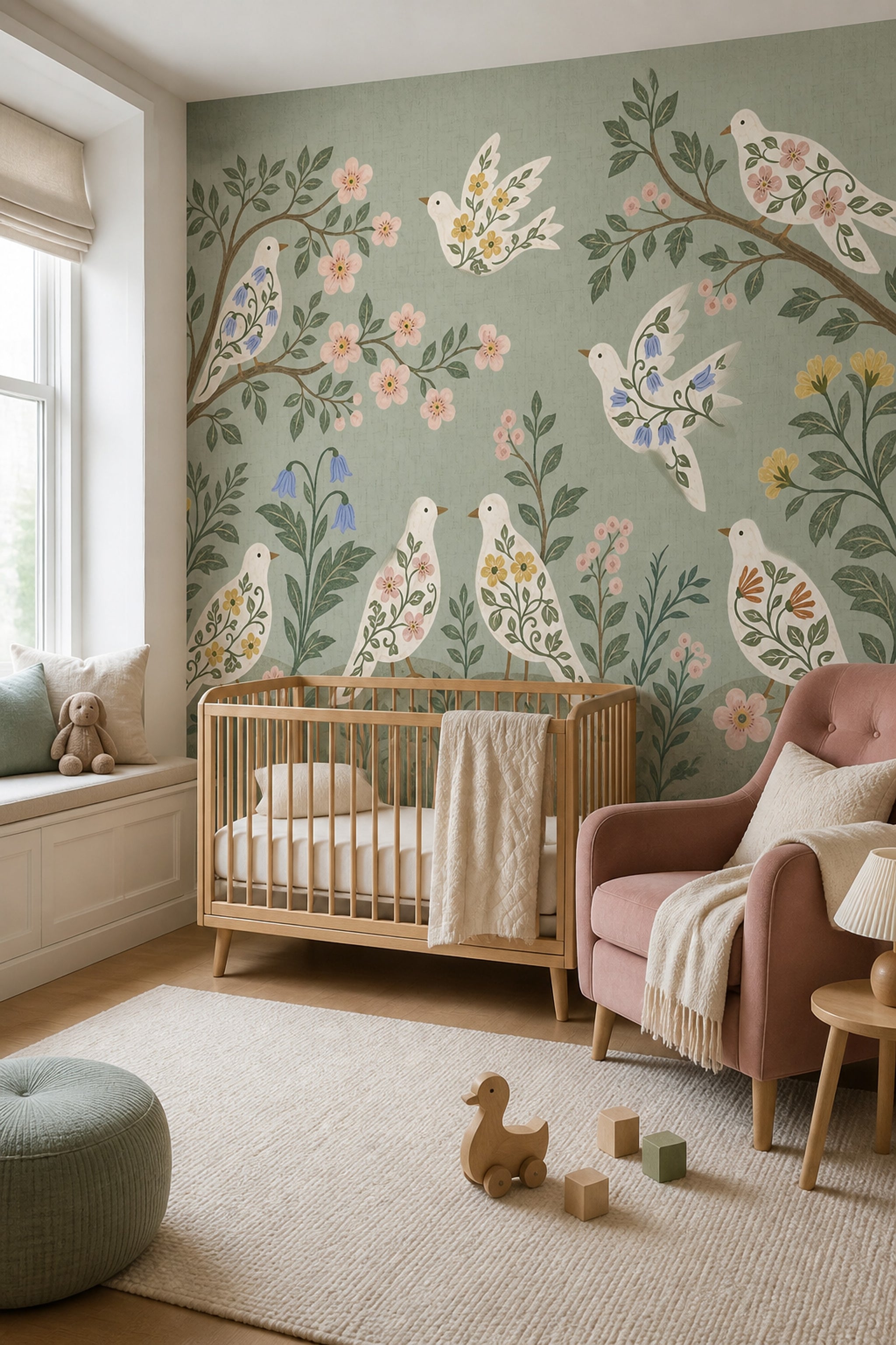 Floral Birds Wallpaper Botanical Removable Folk Art Wall Decor