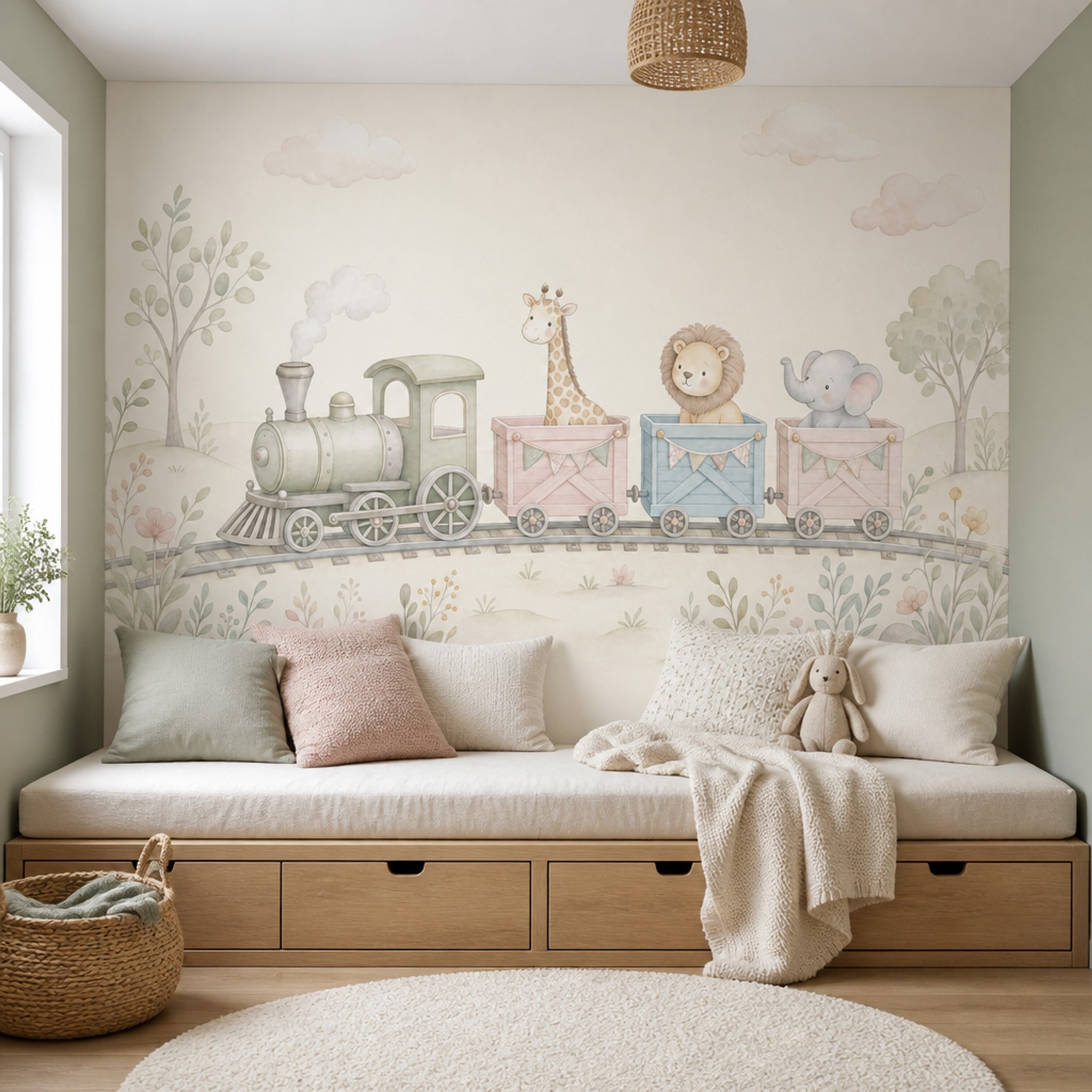 Nursery Train Wallpaper Watercolor Animals Removable Safari Animals Wall Decor
