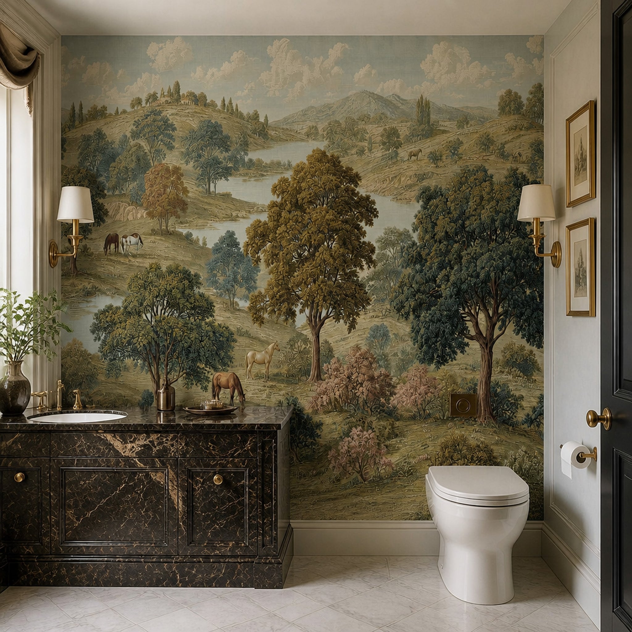 Pastoral Landscape Wallpaper Rolling Hills Removable Horses Wall Decor