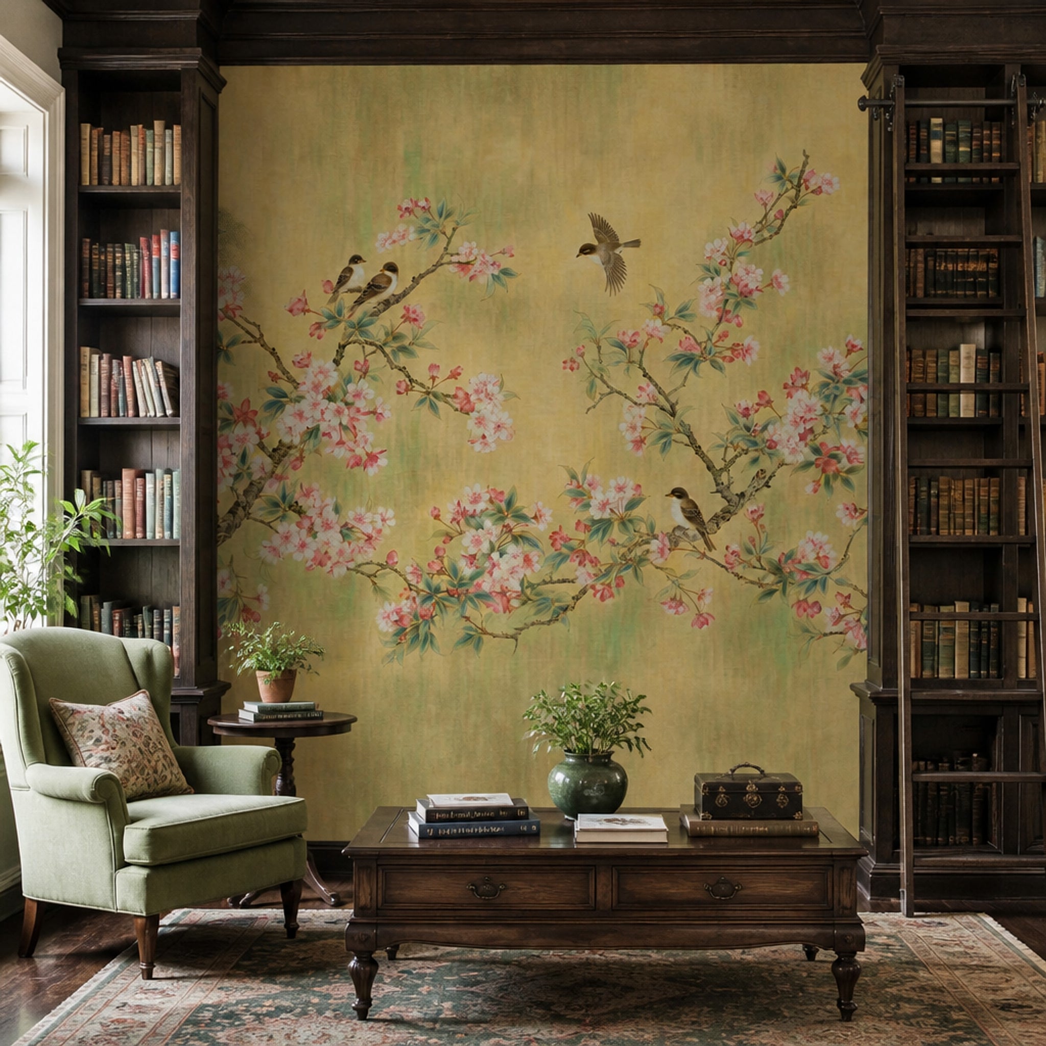 Muted Green Wallpaper Chinoiserie Vintage Wall Mural