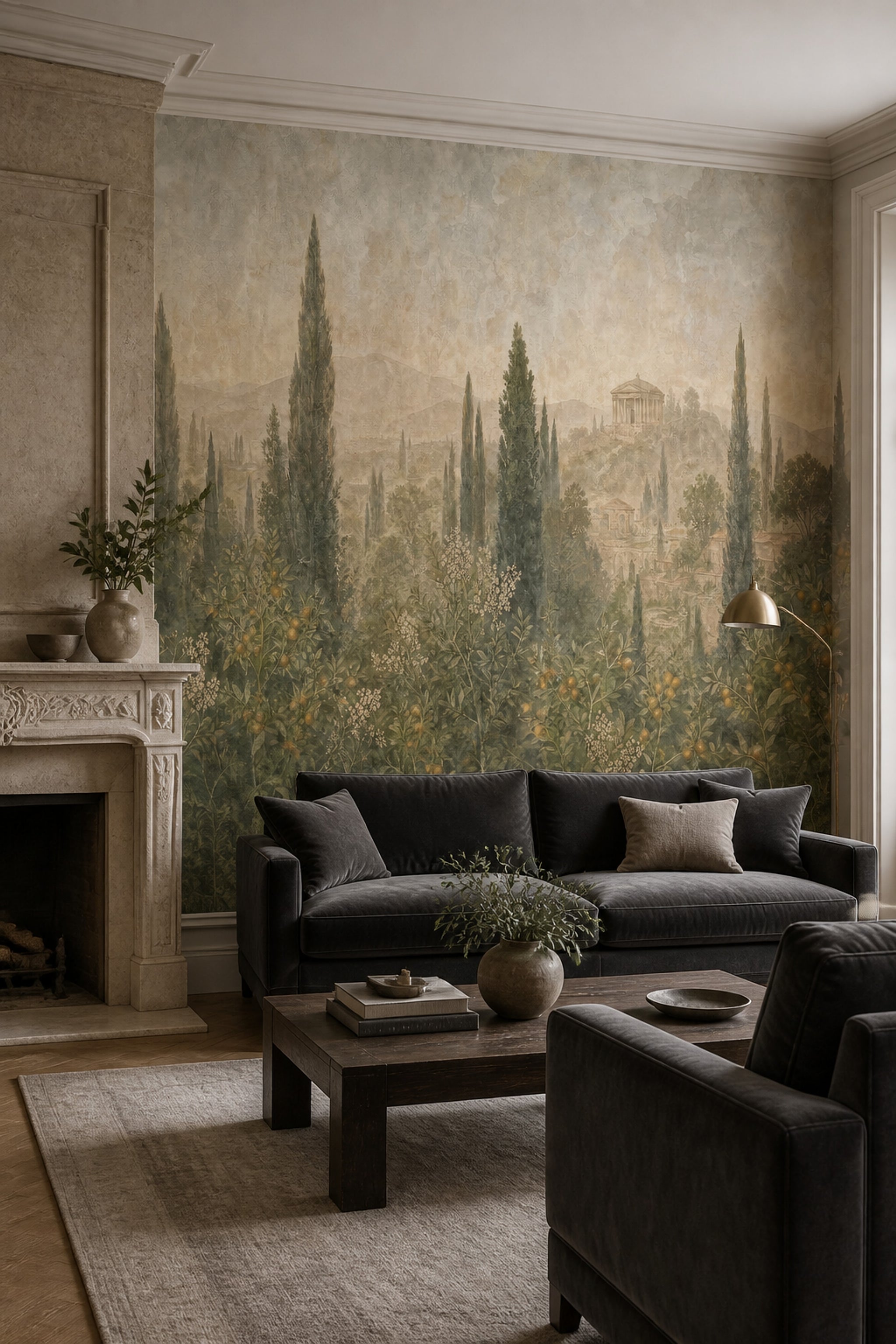 Muted Green Wallpaper Tuscan Landscape Vintage Wall Mural