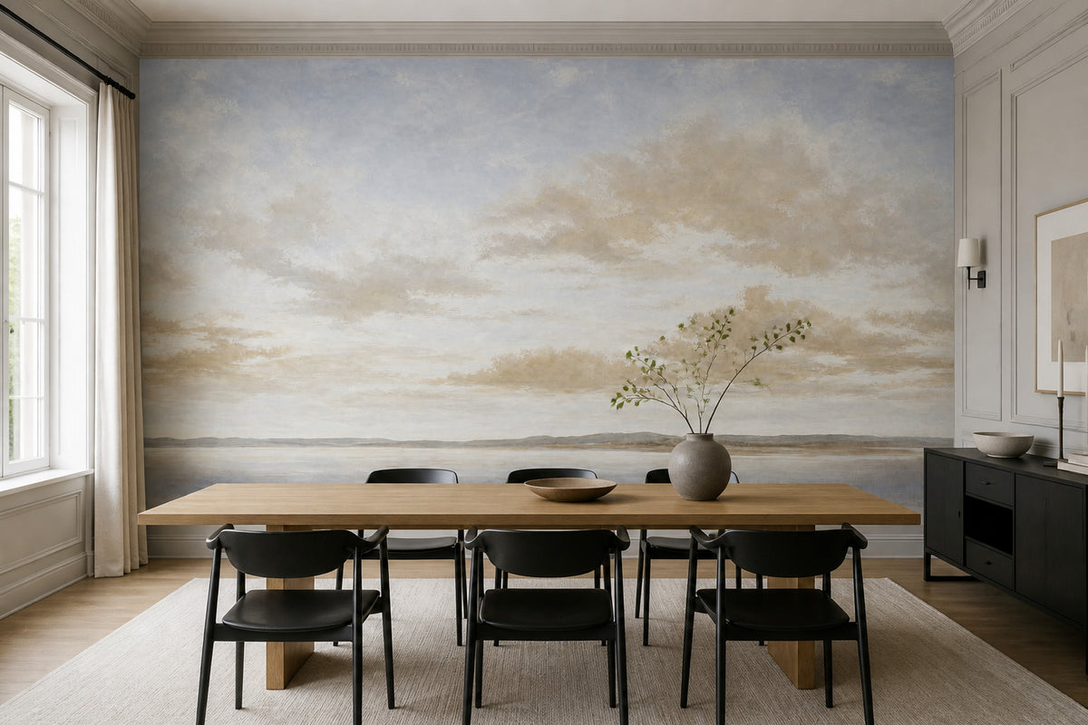 Coastal Landscape Wallpaper Pale Blue Sky Removable Soft Clouds Wall Decor