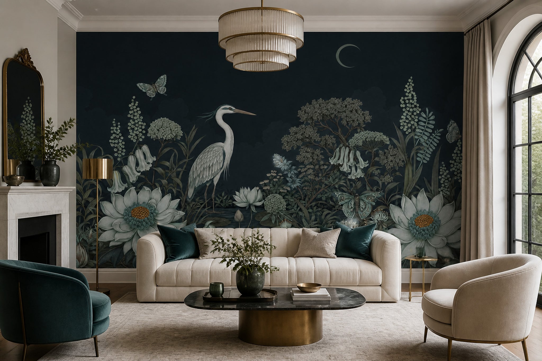 Dark Botanical Wallpaper Floral Landscape Heron Wall Mural