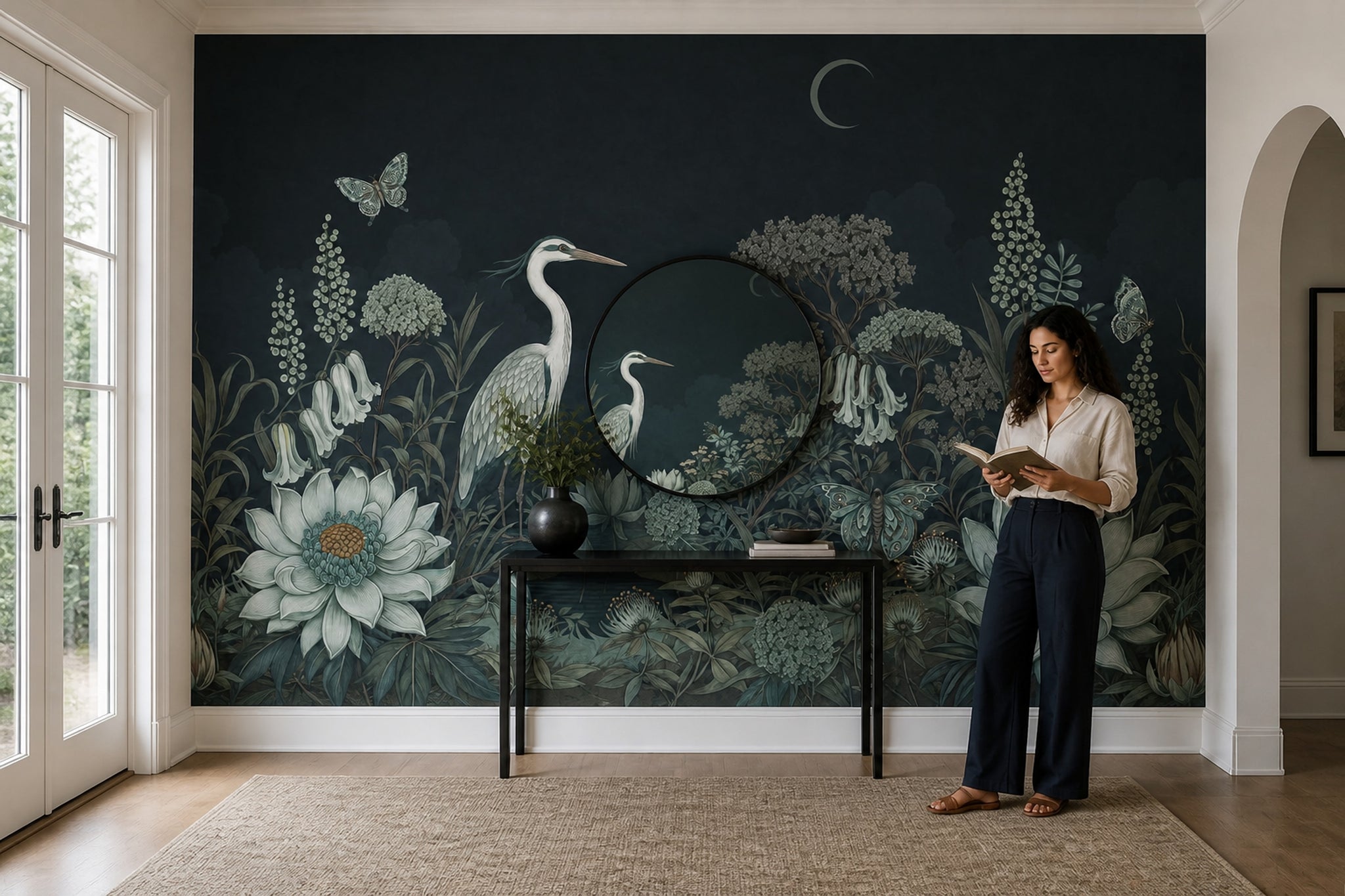 Dark Botanical Wallpaper Floral Landscape Heron Wall Mural