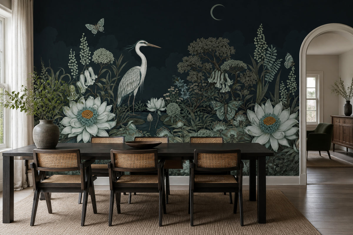 Dark Botanical Wallpaper Floral Landscape Heron Wall Mural