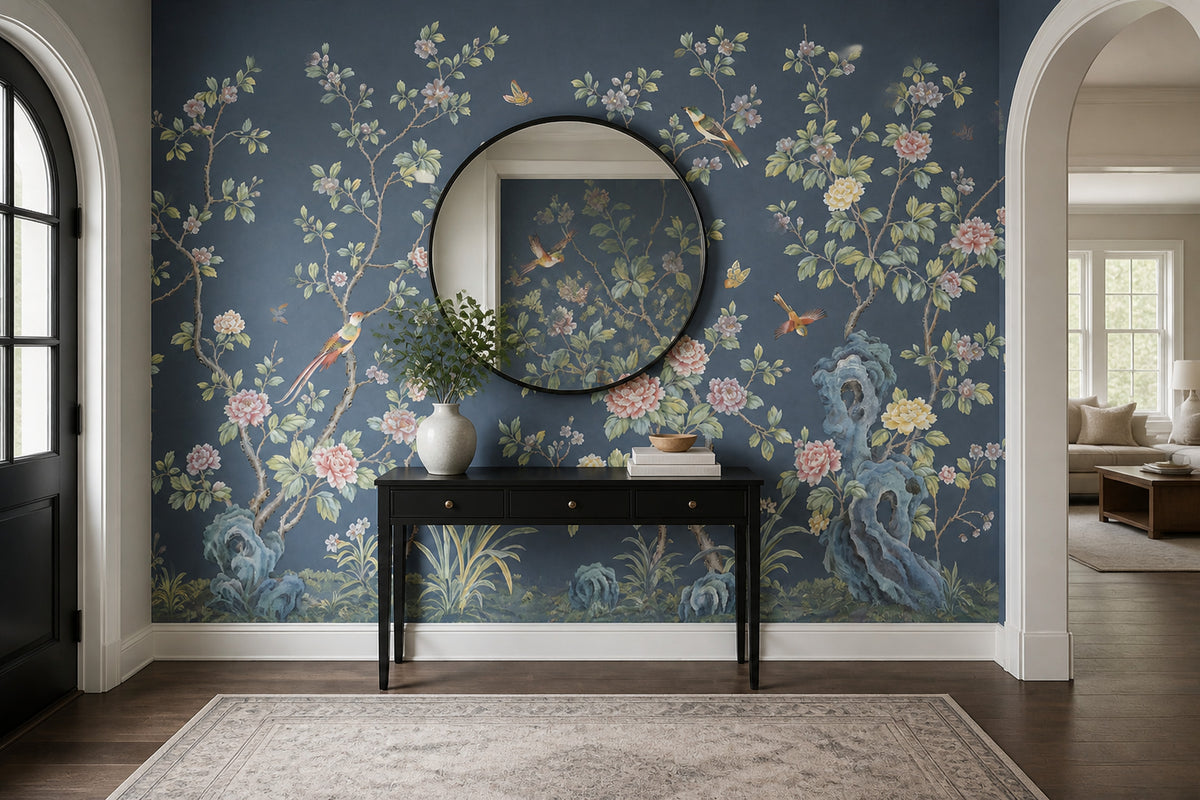 Chinoiserie Wallpaper Dark Blue Removable Peonies Wall Decor