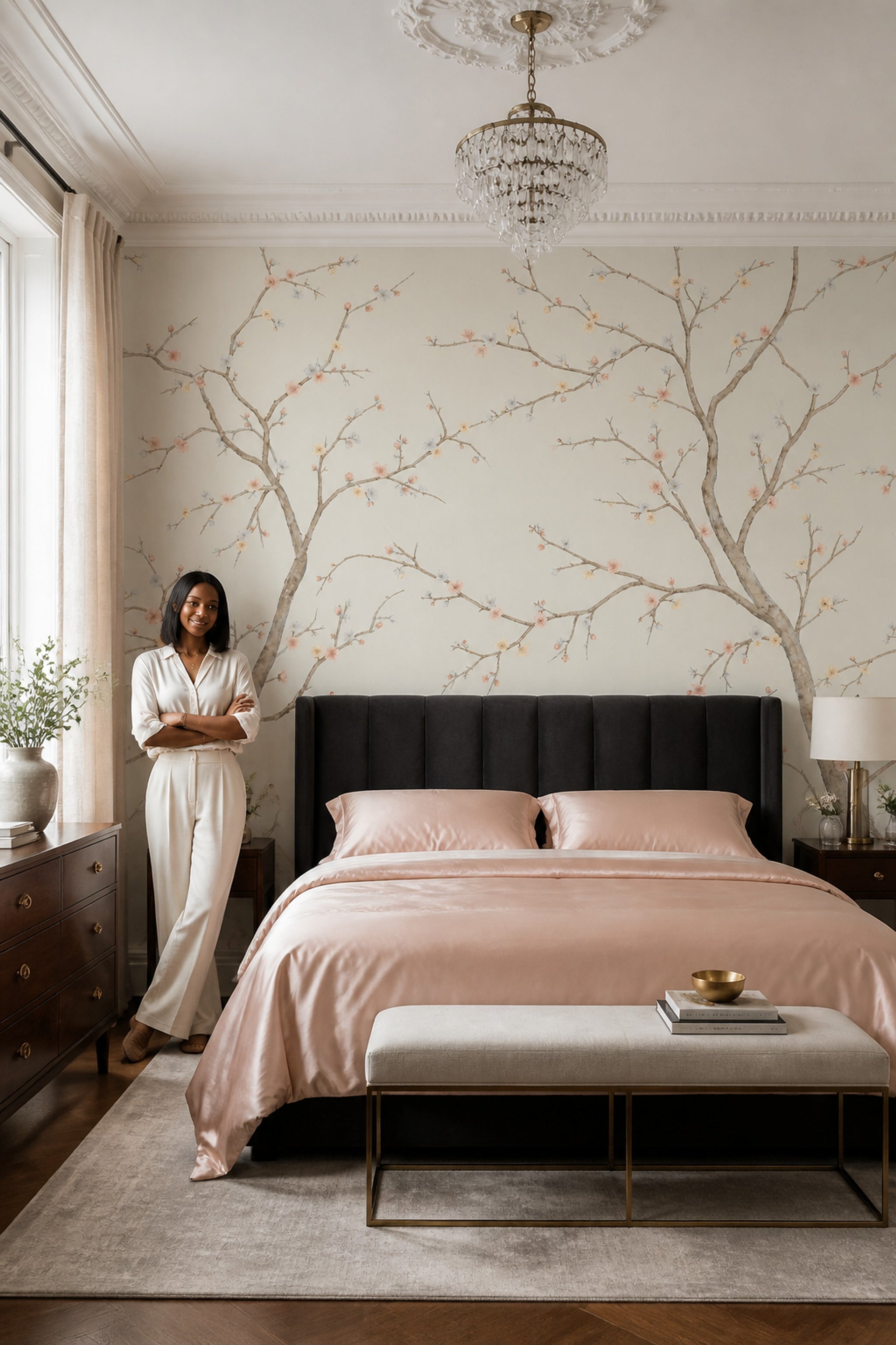 Cherry Blossoms Wallpaper Flowering Branches Ivory Background Wall Mural