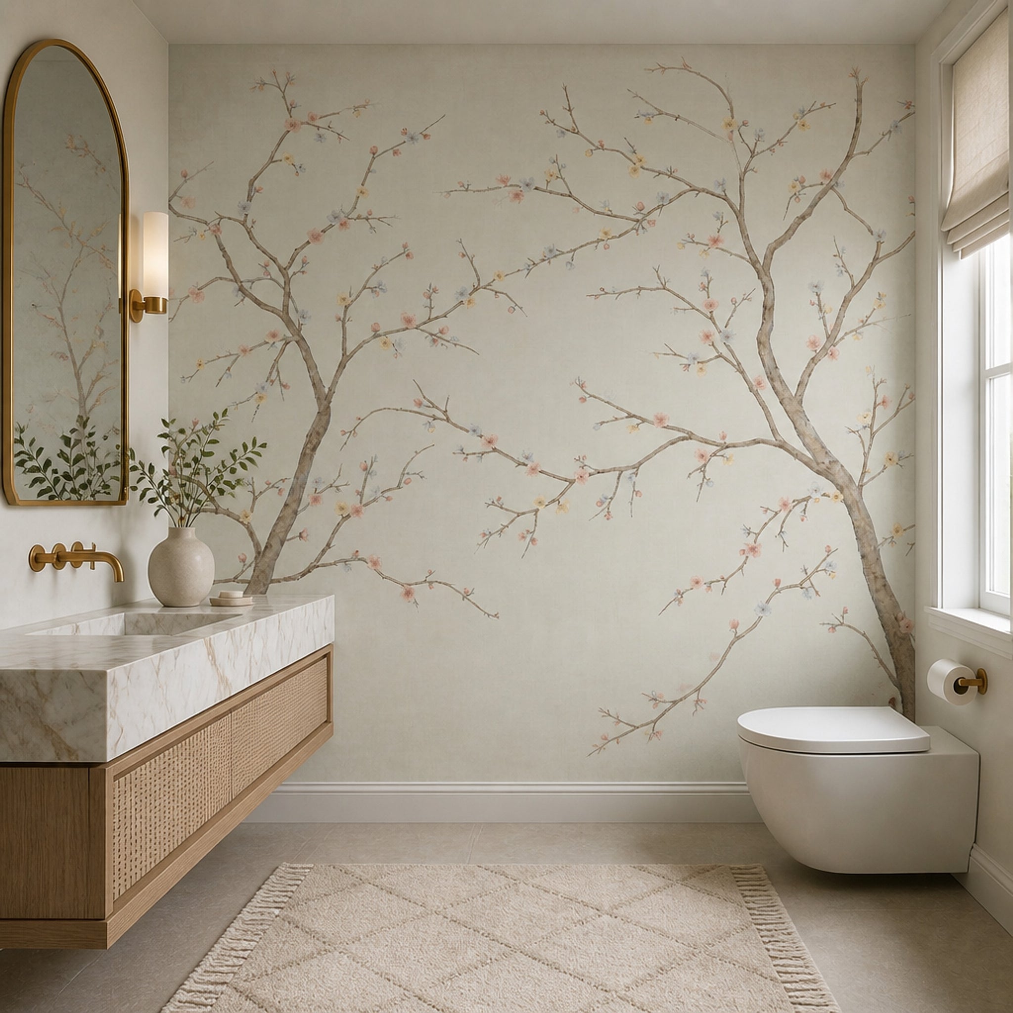Cherry Blossoms Wallpaper Flowering Branches Ivory Background Wall Mural