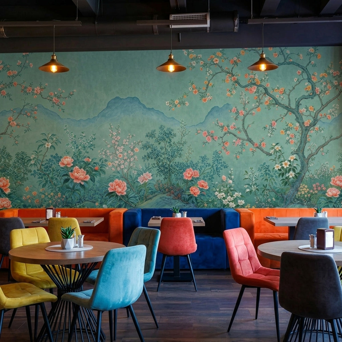 Chinoiserie Wallpaper Floral Landscape Teal Background Wall Mural