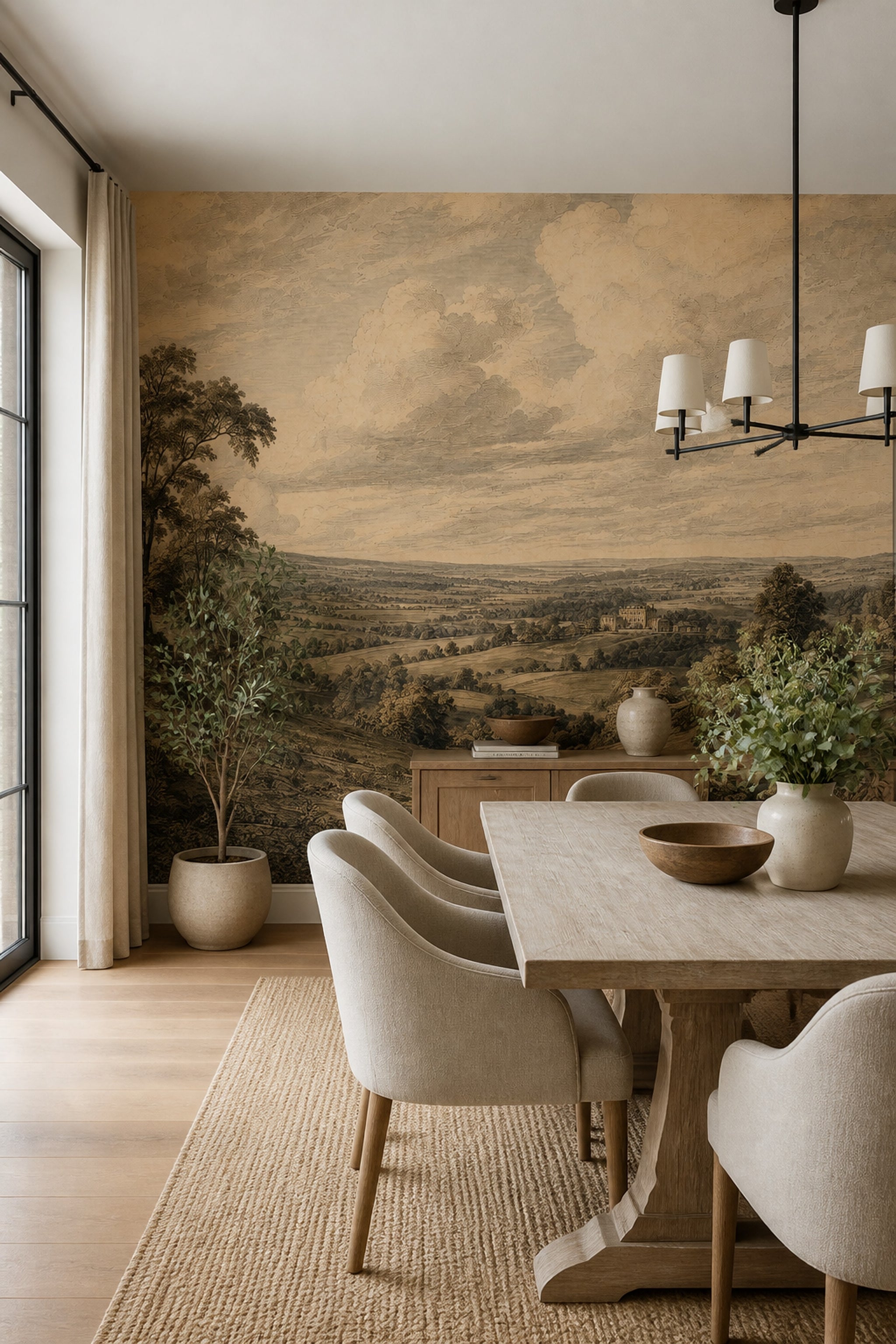 Vintage Landscape Wallpaper Pastoral Countryside Engraved Wall Mural