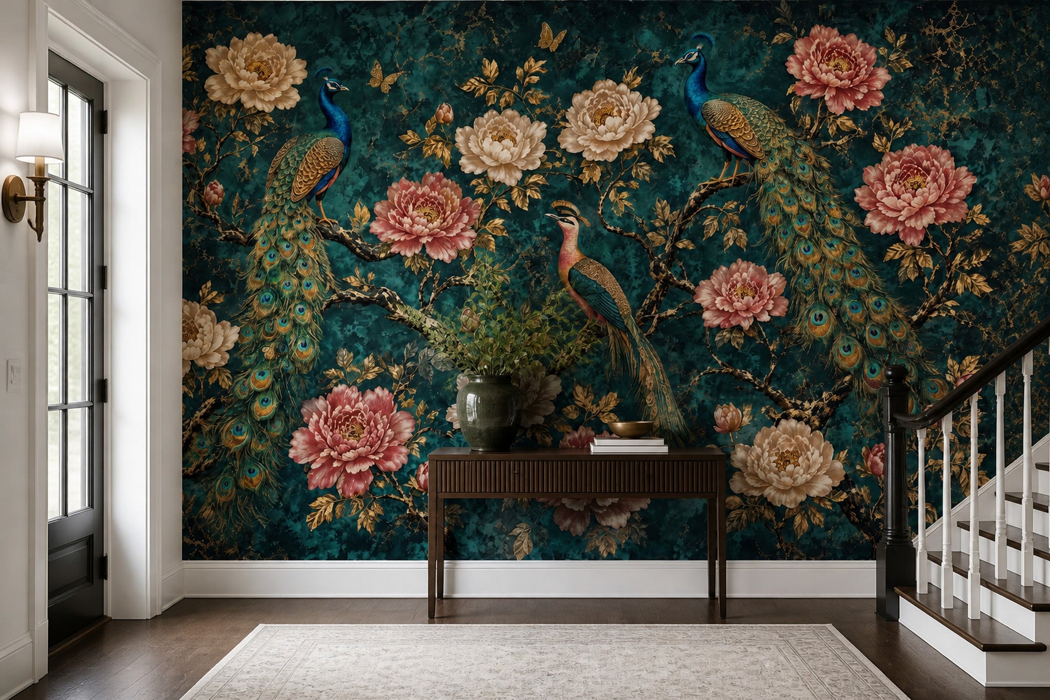 Peacock Wallpaper Dark Teal Background Chinoiserie Removable Wall Decor