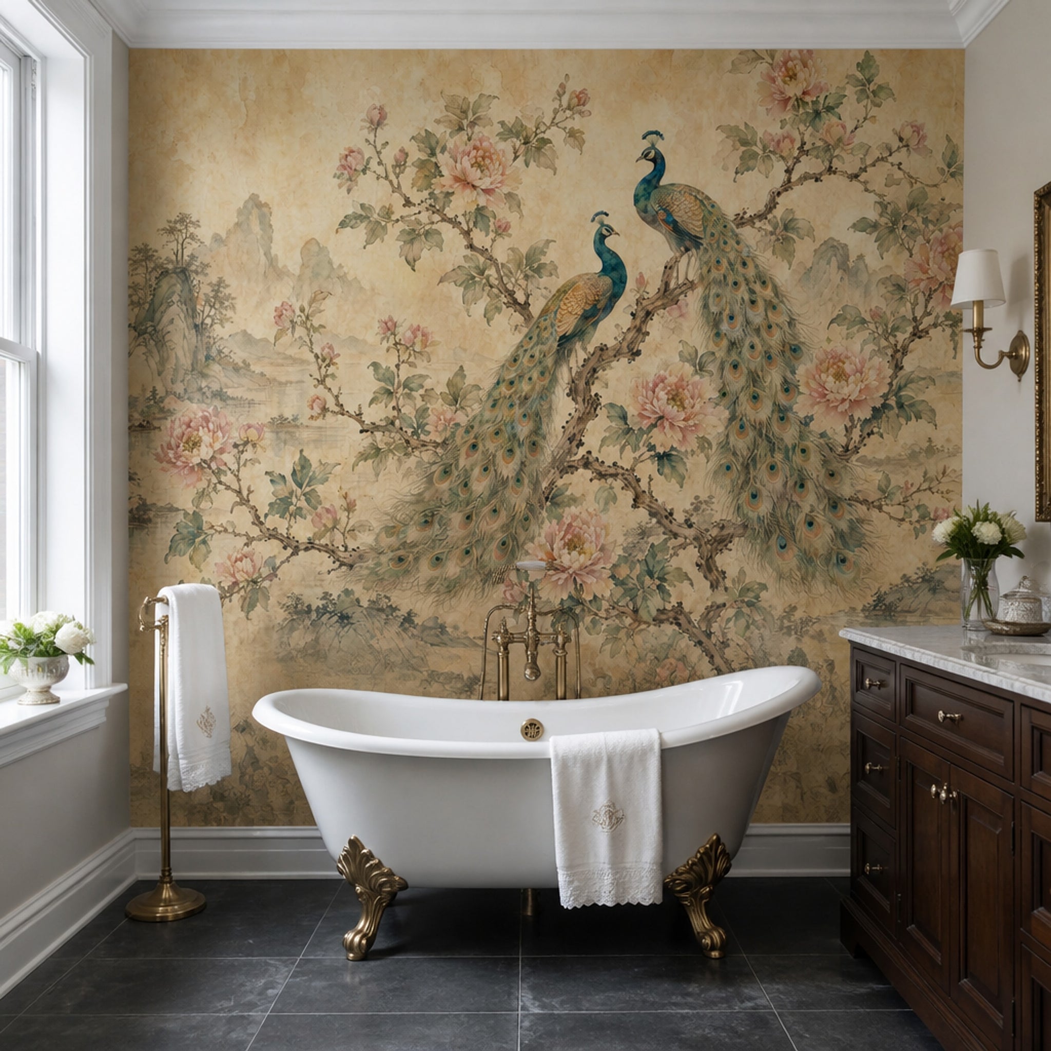 Chinoiserie Wallpaper Peacocks Peonies Wall Mural