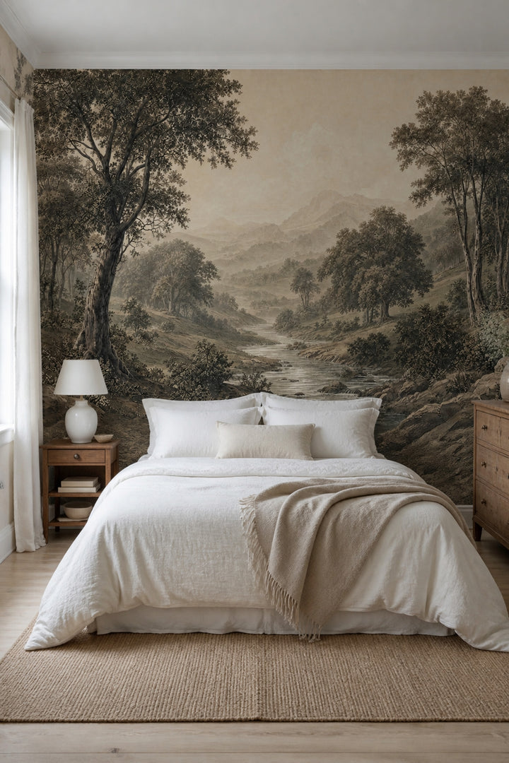Vintage Landscape Wallpaper Sepia River Removable Wall Decor