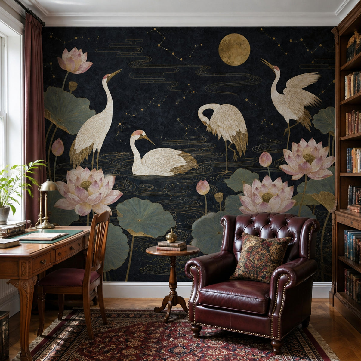 Cranes Wallpaper Lotus Chinoiserie Removable Wall Decor