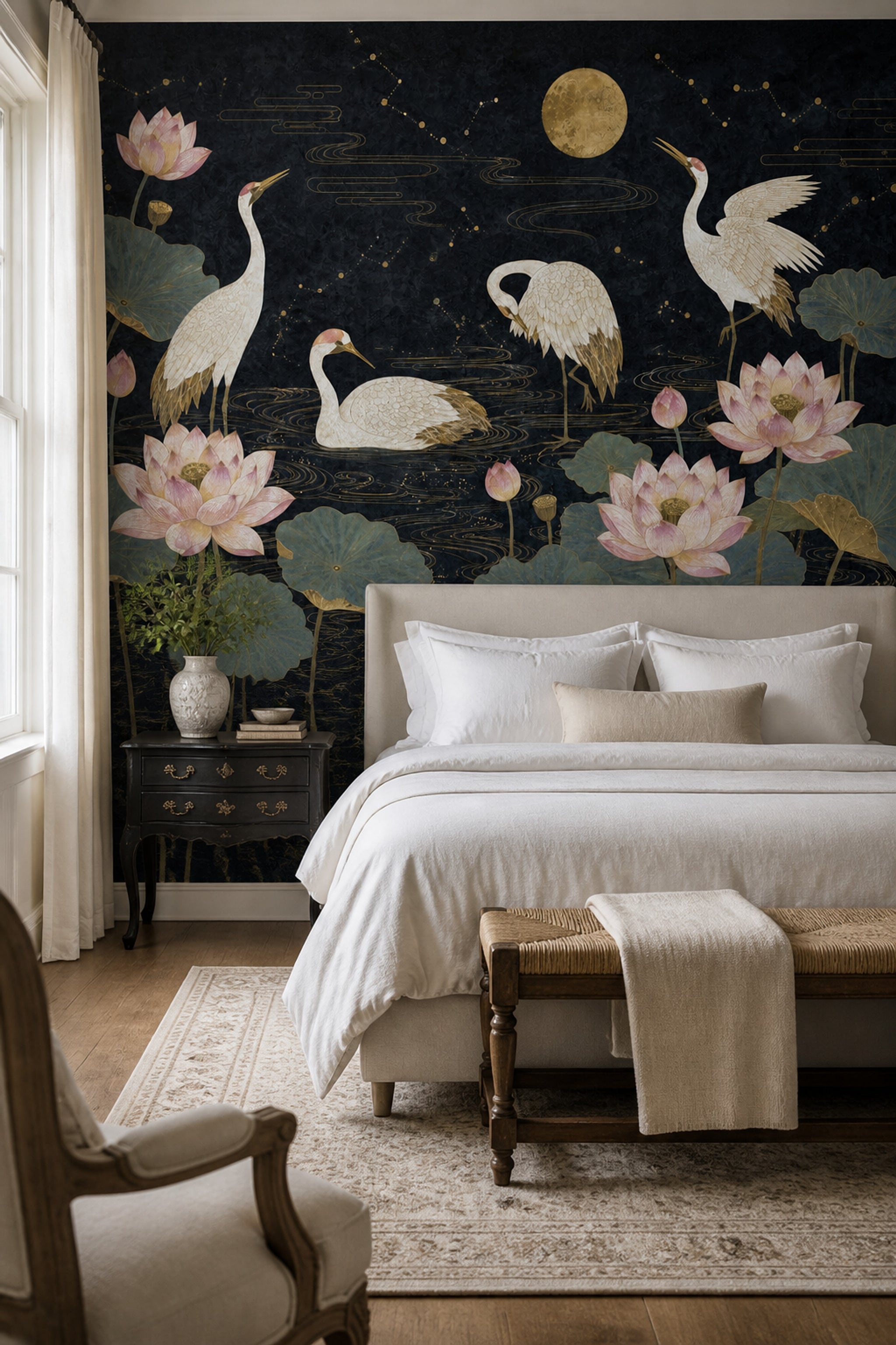 Cranes Wallpaper Lotus Chinoiserie Removable Wall Decor